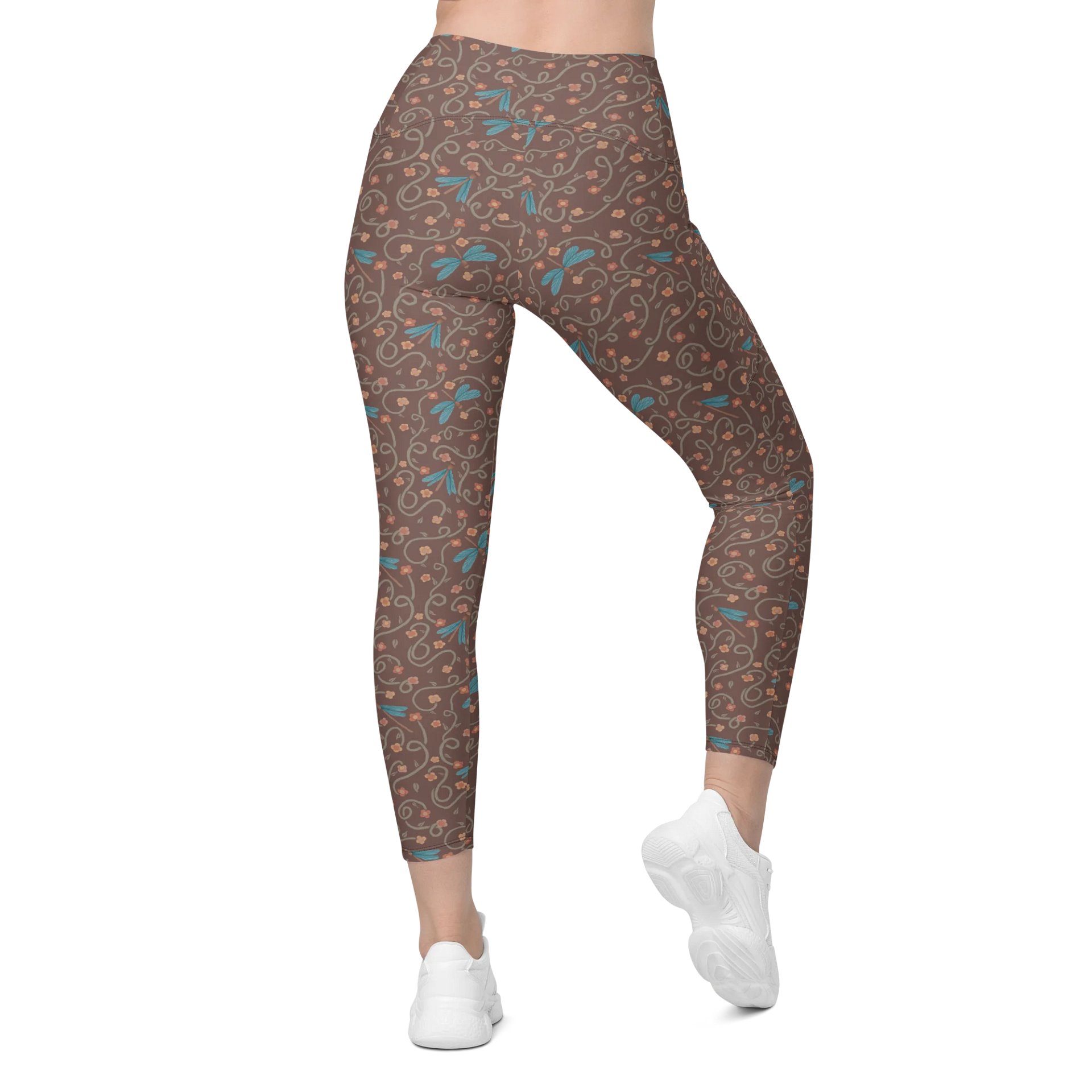 All-Over print leggings with pockets. Dragonfly and floral artistic activewear product image (2)