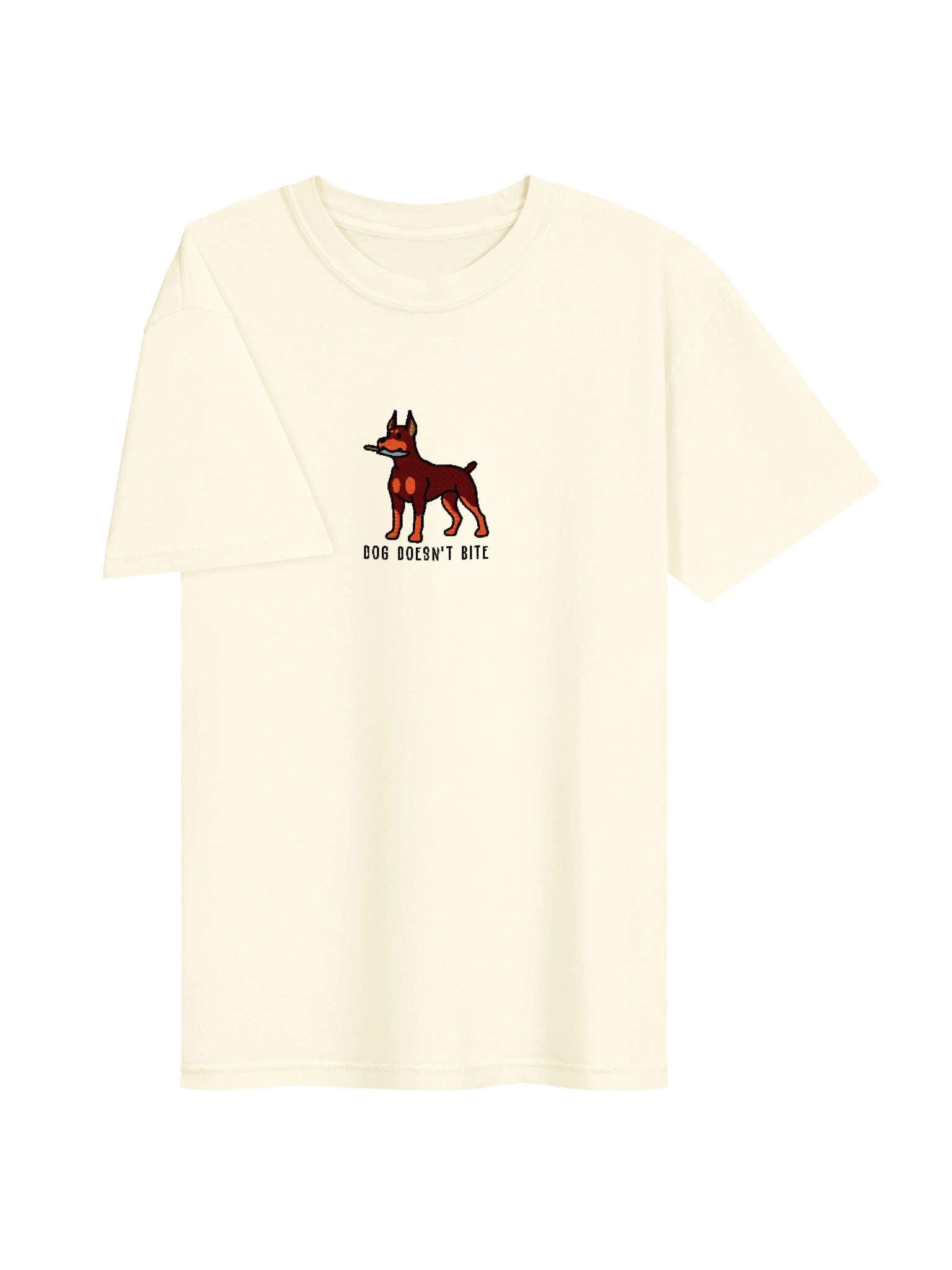 Dog Doesn't Bite Funny Chibi-Style Embroidered T-Shirt for Doberman Pinscher(Red & Tan, Cropped Ears) Owners product image (111)