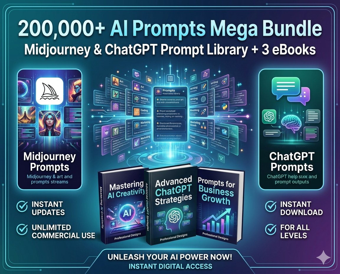 200,000+ AI Prompts Mega Bundle | Midjourney & ChatGPT Prompt Library + 3 eBooks product image (1)