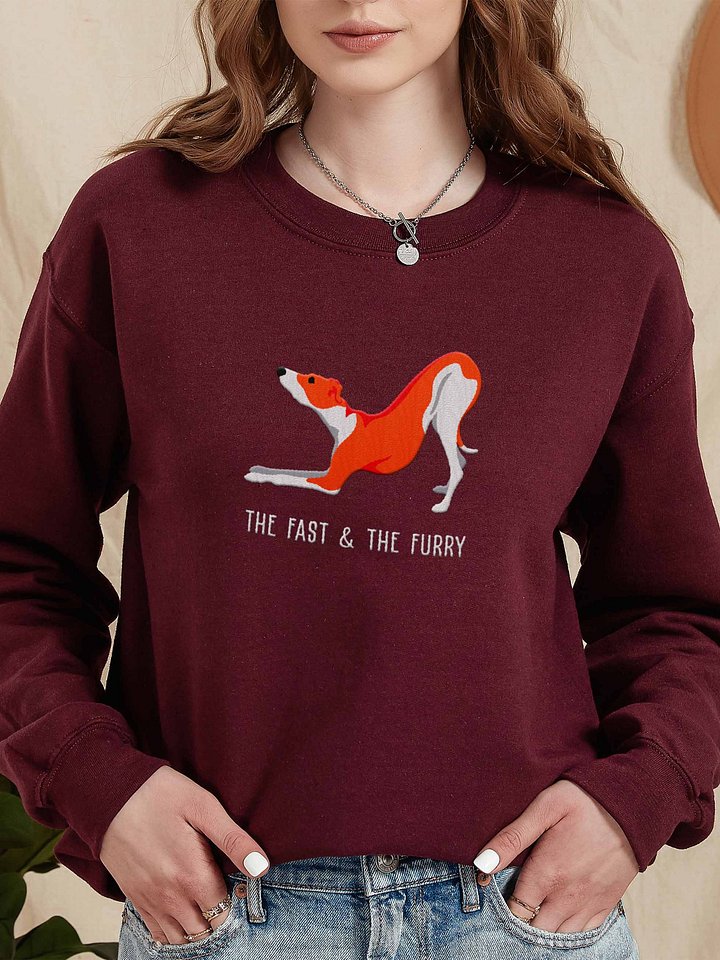 The Fast & the Furry Sweatshirt (Embroidered) of an Italian Greyhound(Red & White) product image (2)