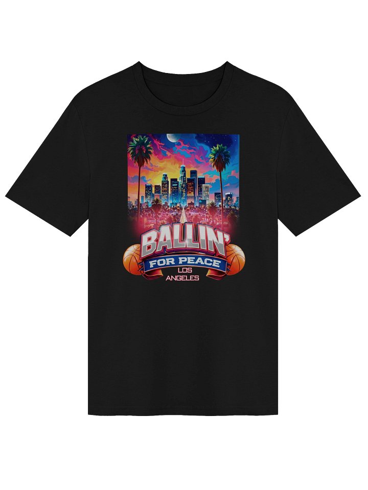 Ballin’ For Peace Los Angeles Graphic Unisex T-Shirt – Urban Basketball Streetwear with Colorful City Skyline Design product image (1)