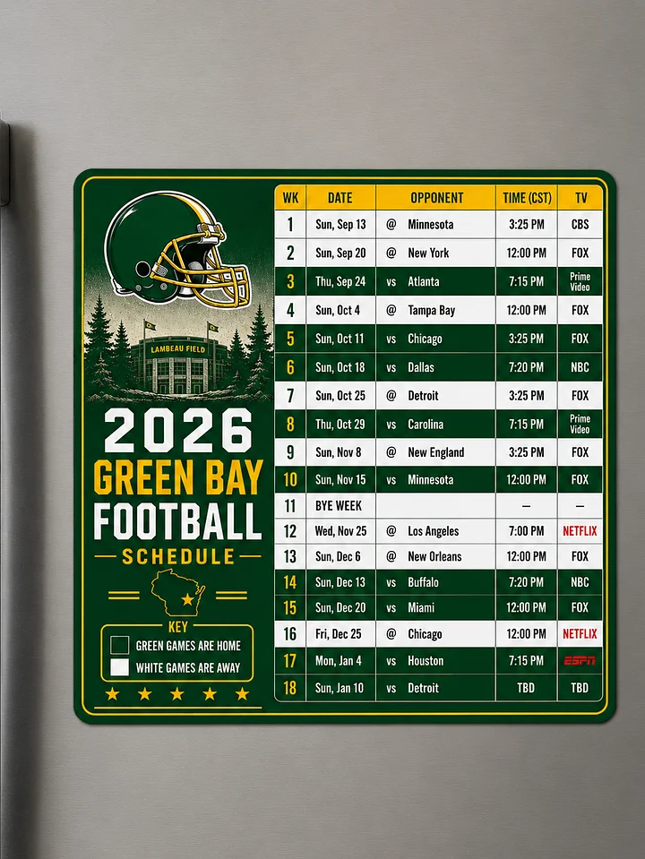 Green Bay 2026 Football Schedule Magnet product image (2)