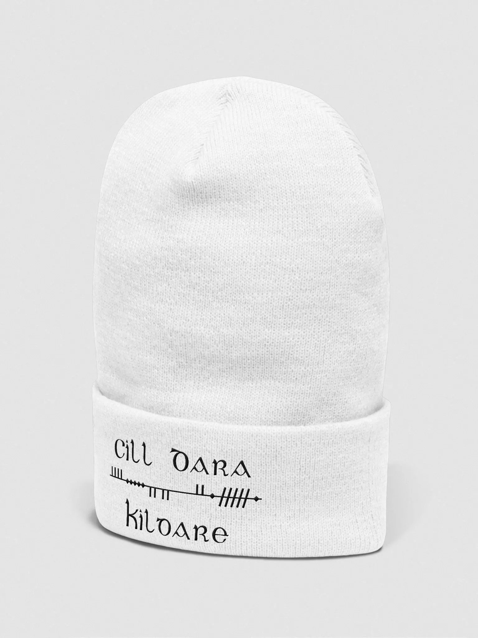 Kildare/Cill Dara Scholastic Style Ogham, white with black, embroidered Cuffed Beanie product image (2)
