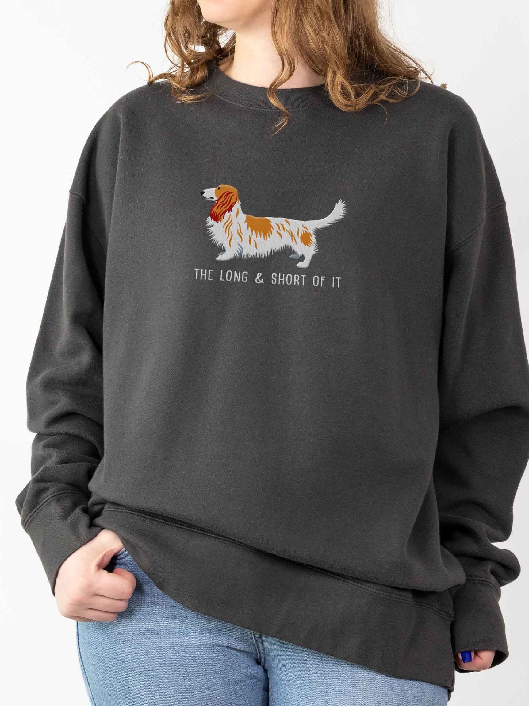 The Long & Short of It Sweatshirt (Embroidered) of a Longhaired Dachshund(Pied Brown & White) product image (2)