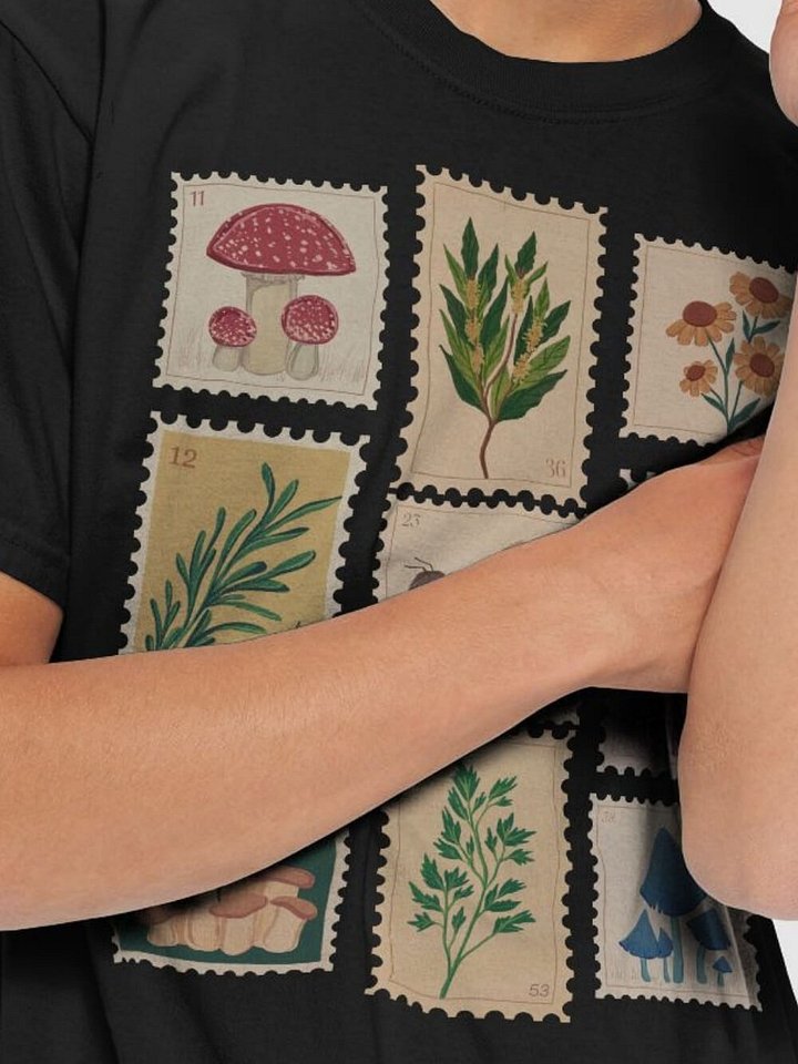 Vintage Stamps Graphic T-Shirt - Mushrooms, Botanicals & Bee Design - Nature-Inspired Tee product image (2)