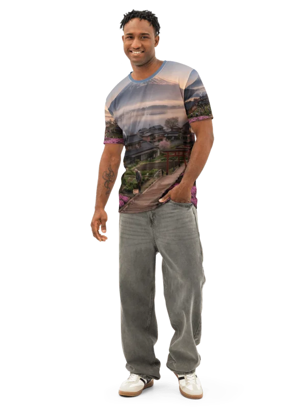 Mount Fuji Village Pink Moss Men’s Cotton Crew Neck T-Shirt product image (3)