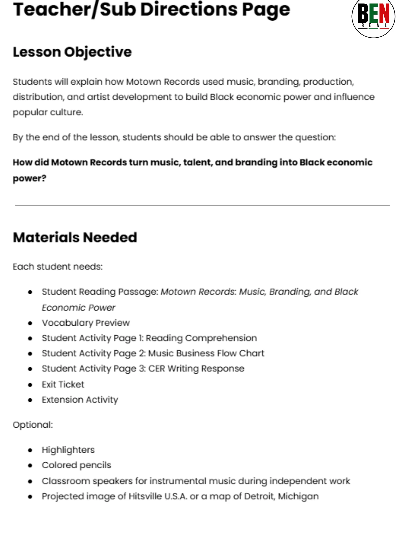 Black History 365 Sub Plan: Motown Records: Music, Branding, and Black Economic Power| Middle School Economics| 60-Minute Lesson product image (4)