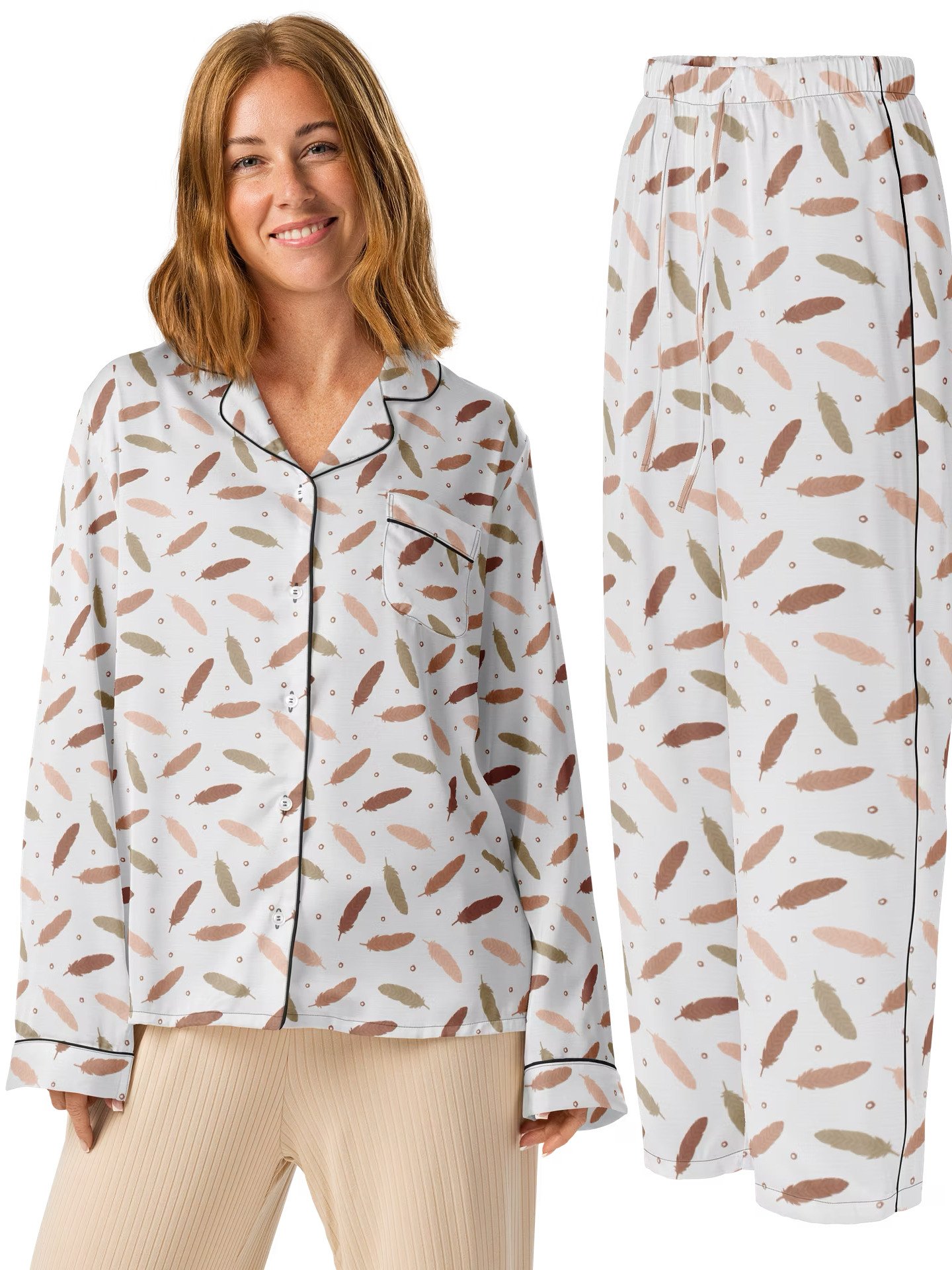 Mocha Mousse Feathers Ladies Long Sleeve Pajama Set product image (1)