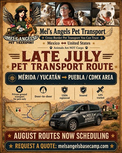 Hello everyone! I’m going to be leaving from Puebla for a pet pick up in Texas and then heading back to Mérida next weekend!
...