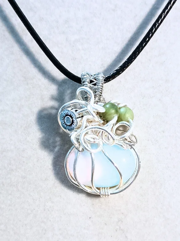 Hand-Wrapped Opalite Pendant | Jade Accent, Silver-Tone | "Luminous Pumpkin" product image (1)