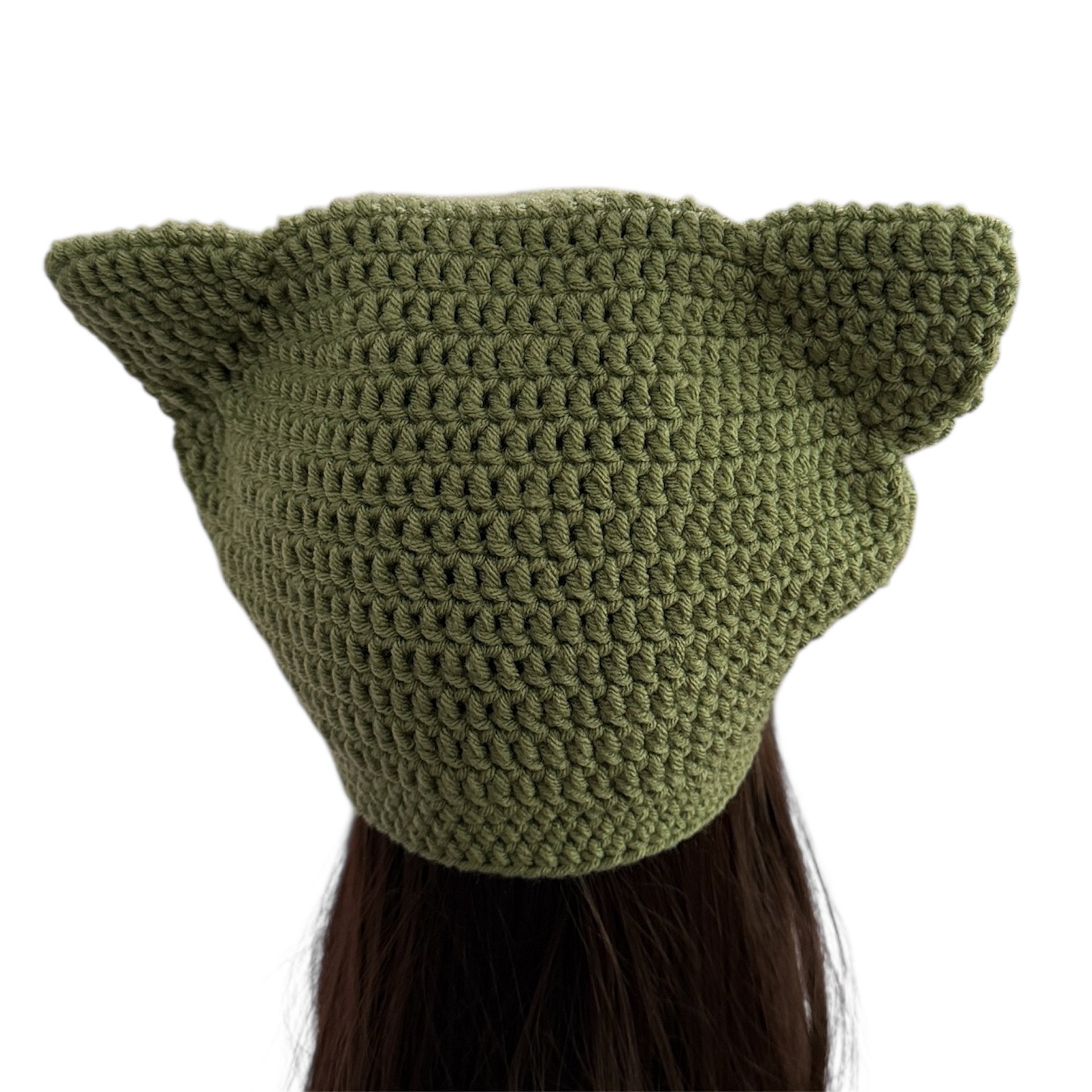 Winter Crochet Custom Cat Ear Beanie Olive Green with Light Pink bow - for kids 6 - 12yo product image (3)