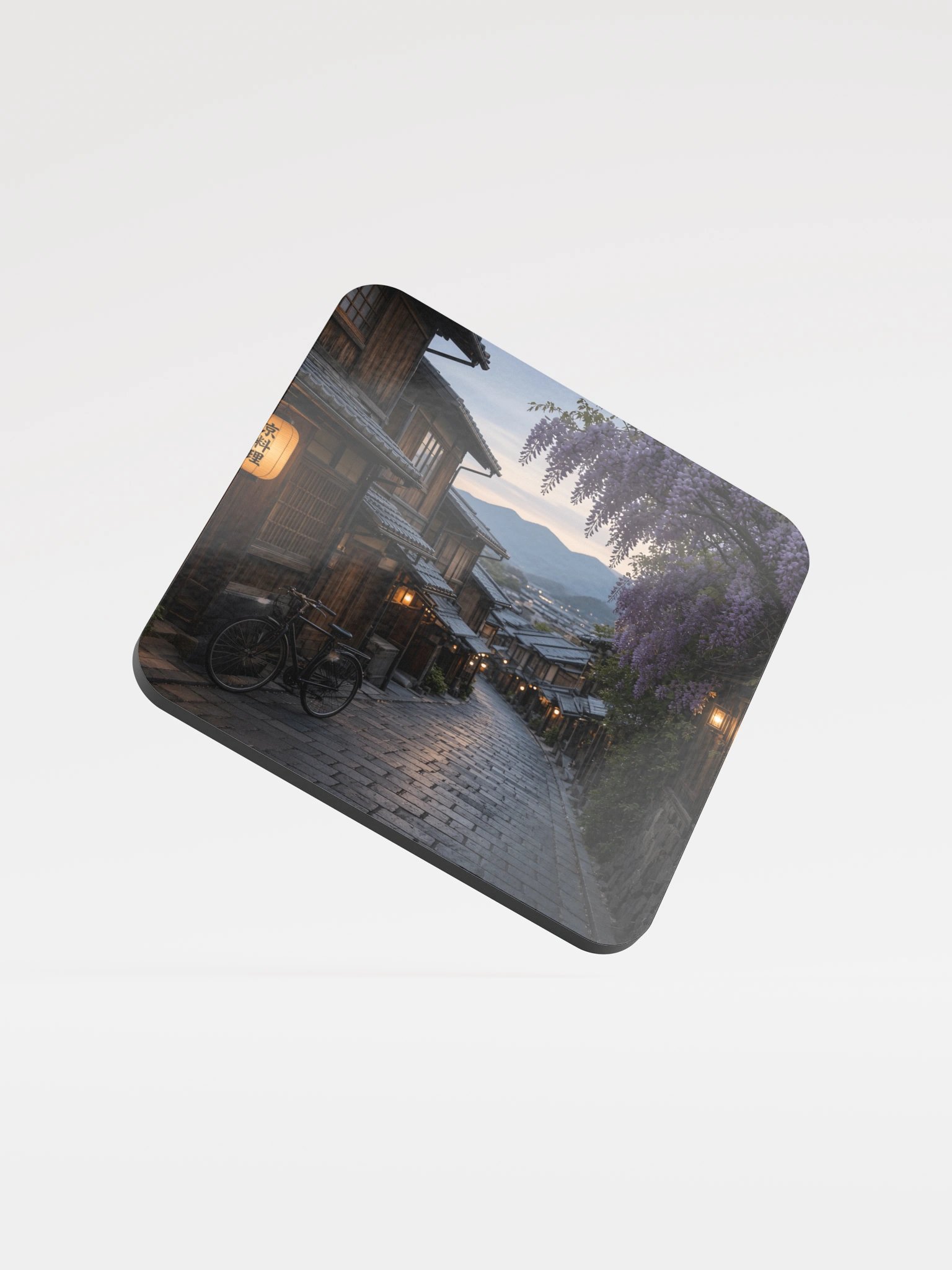 Traditional Japanese Street Wisteria Evening Glossed Cork Coaster | Scenic Asian Alleyway Drink Coaster product image (1)