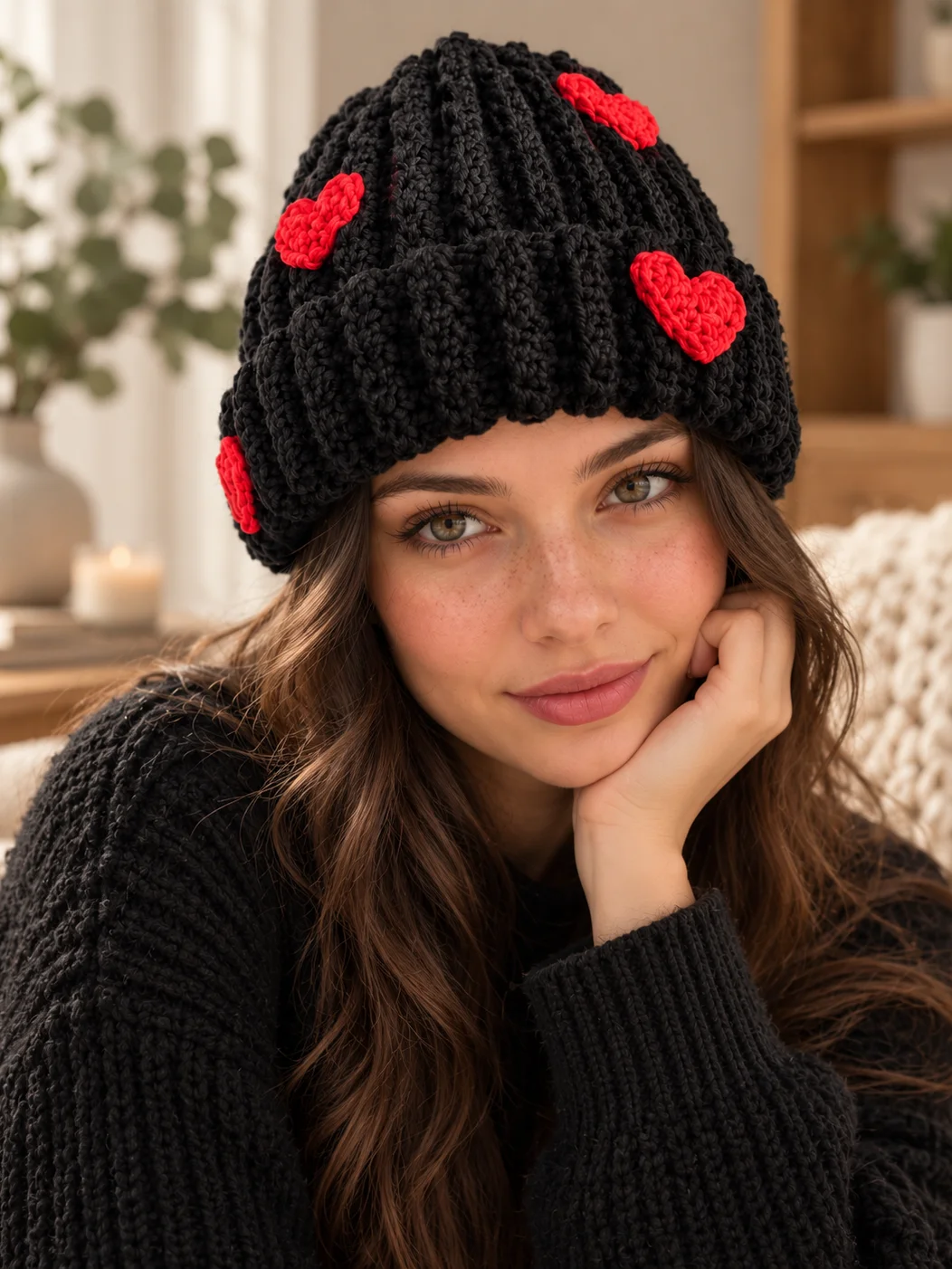 Crochet Heart Beanie Pattern PDF | Beginner Ribbed Crochet Hat with Heart Appliqués product image (3)