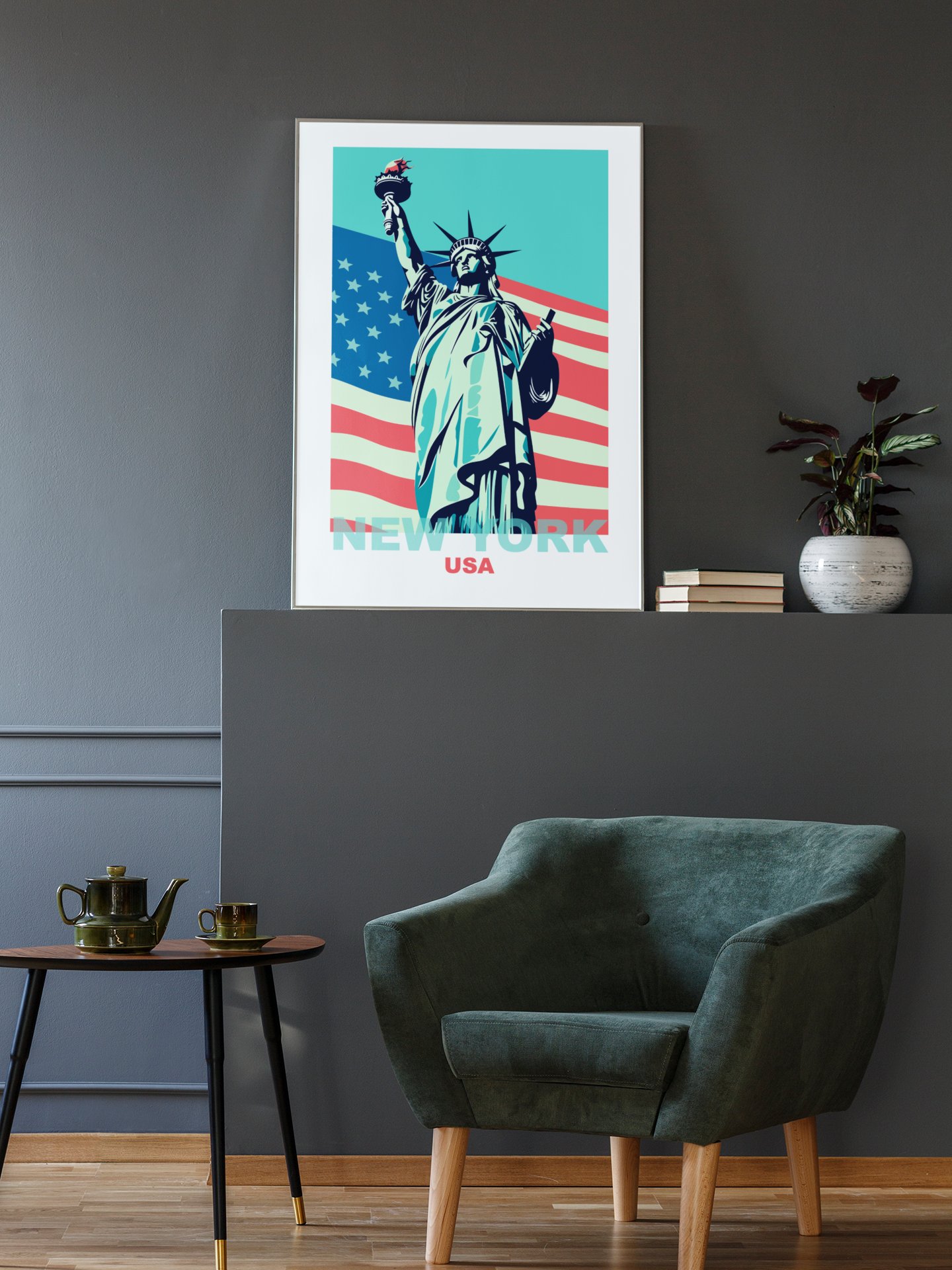 Statue of Liberty with American Flag Poster, Patriotic New York USA Wall Art, Iconic Landmark Print, Bold Graphic Travel Decor product image (2)