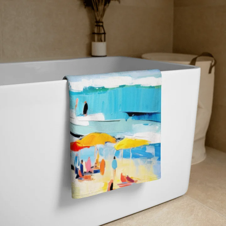 SUNLIT SHORE BEACH TOWEL – 30"x60", COTTON TERRY BACK, IMPRESSIONIST COASTAL ART PRINT product image (2)