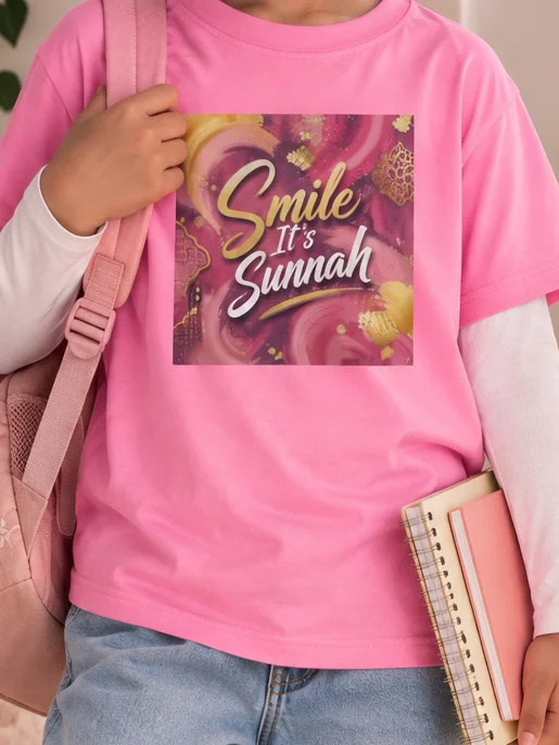 Smile It's Sunnah Printed Unisex Kids T-Shirt | Pink Islamic Tee for Girls product image (1)