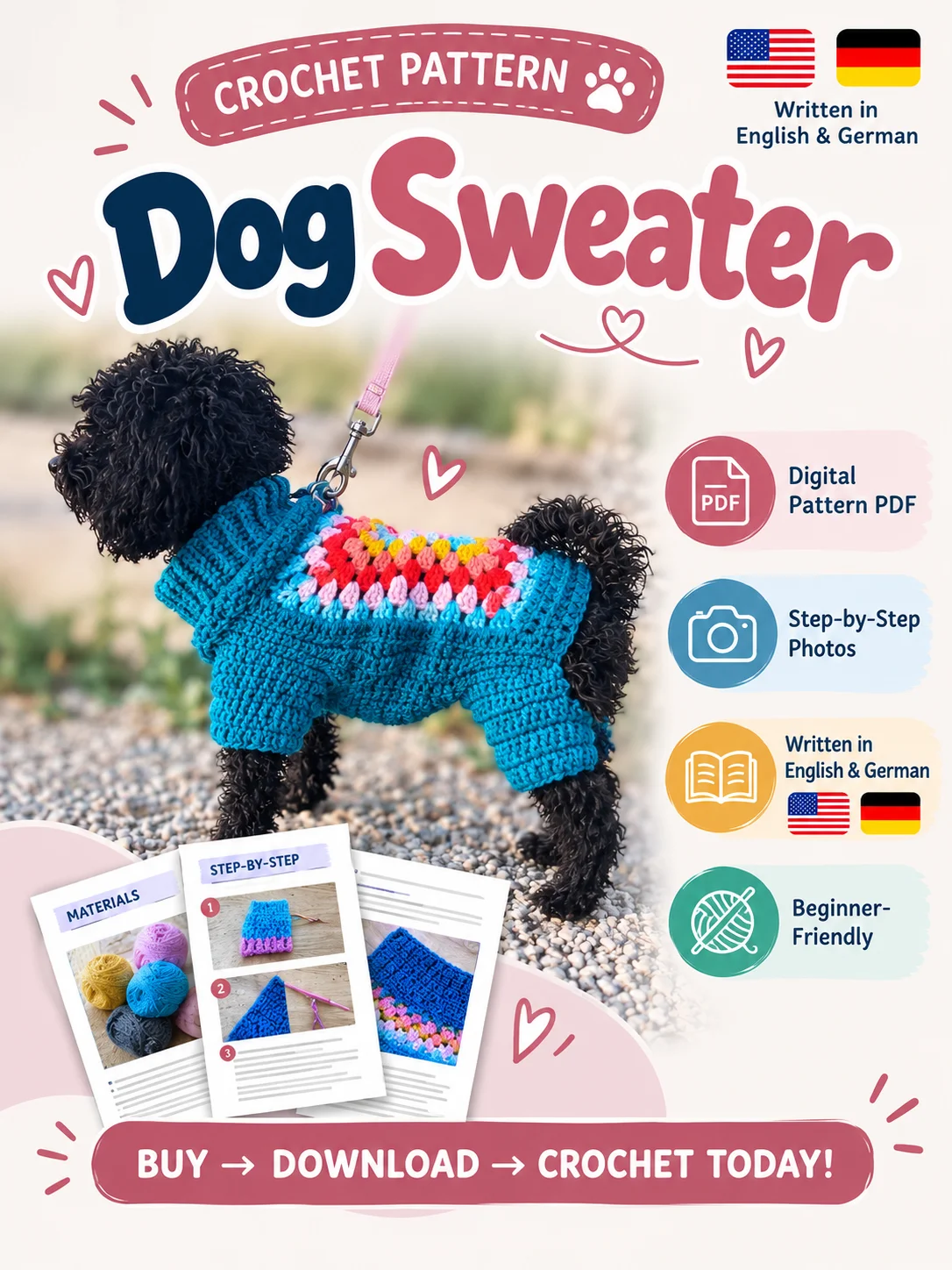 Crochet Dog Sweater Pattern PDF – Easy DIY Pet Clothes, Step-by-Step Instructions product image (1)