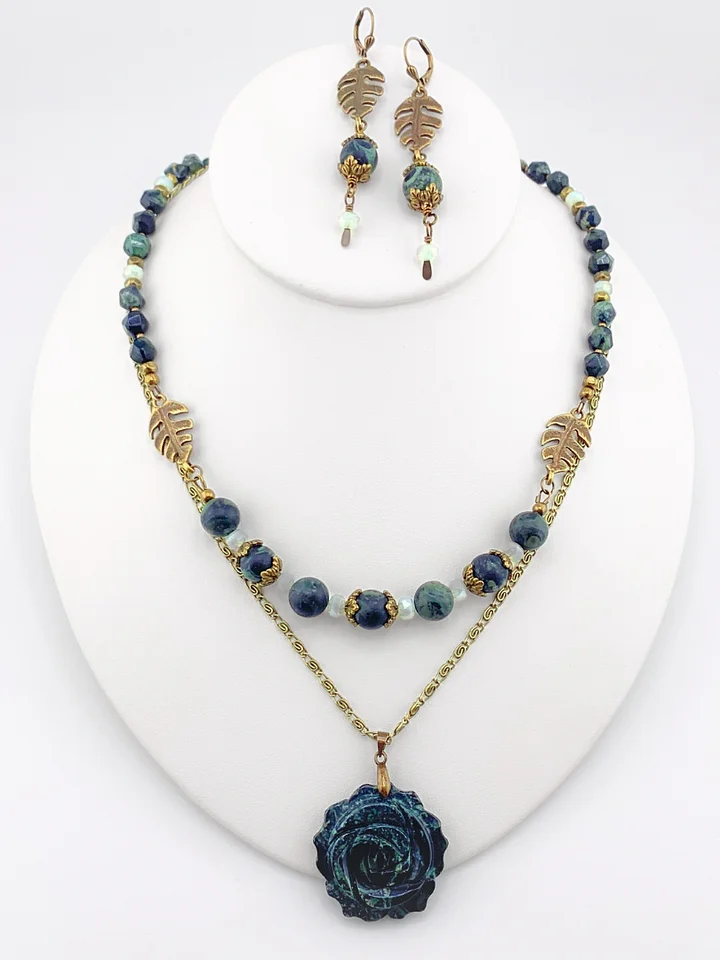 Kambaba Jasper Two-Strand Pendant Necklace Set - Green/Brass product image (2)