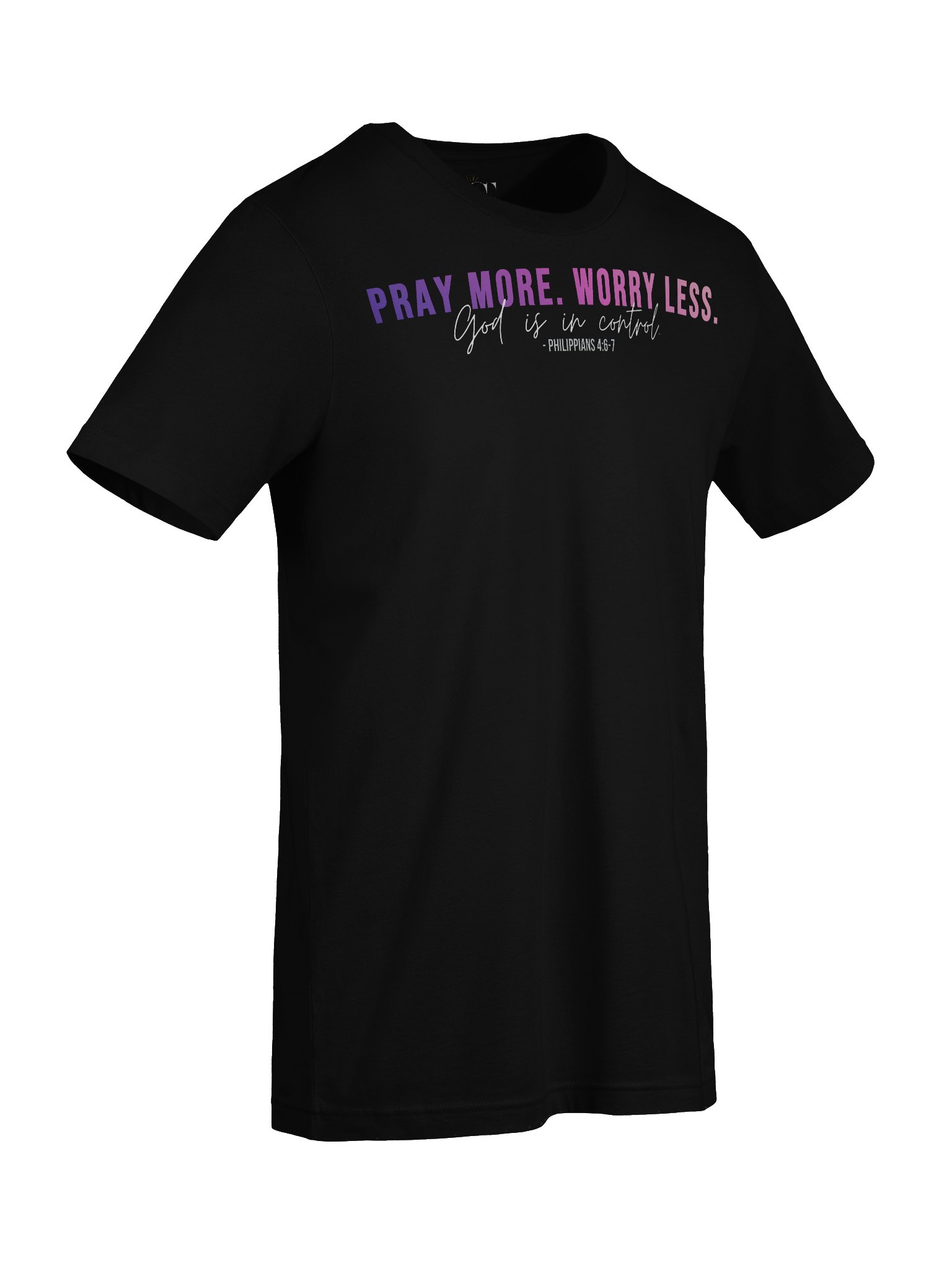 Pray More Worry Less 1.0 Unisex Tee- Dark Colors - Pink Gradient Text product image (10)