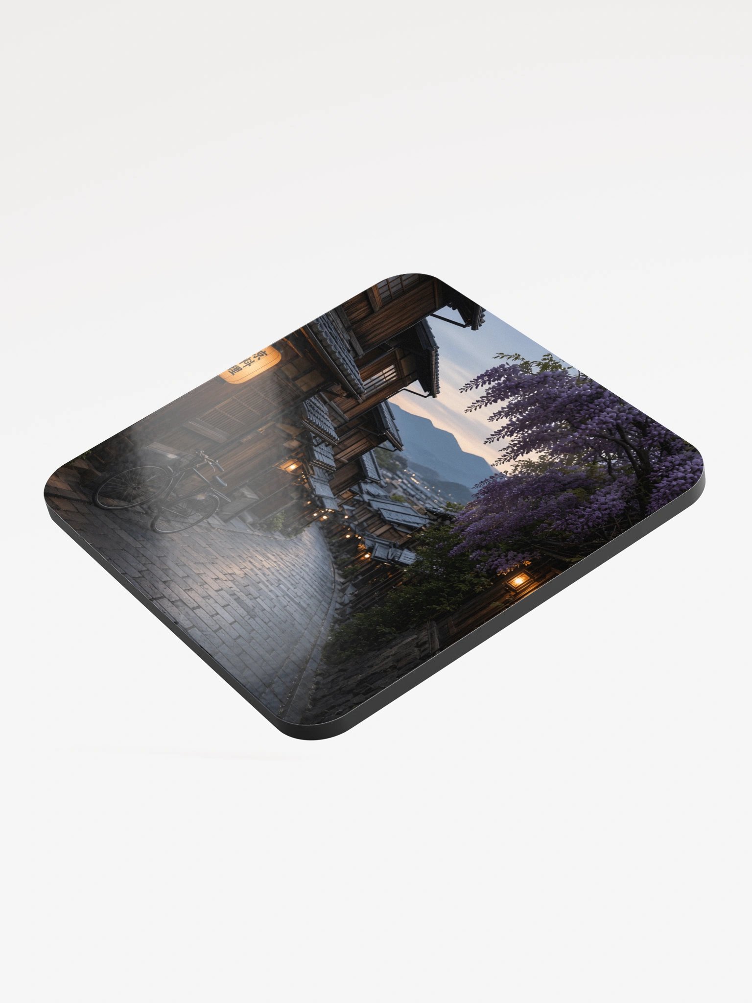 Traditional Japanese Street Wisteria Evening Glossed Cork Coaster | Scenic Asian Alleyway Drink Coaster product image (3)
