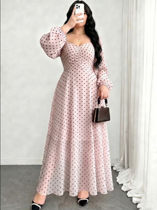 Modelyn Spring/Autumn Polka Dot Cinched Cinched Waist Elegant Fashionable Flared Long Dress Brunch Tea Party Light Pink product image (3)