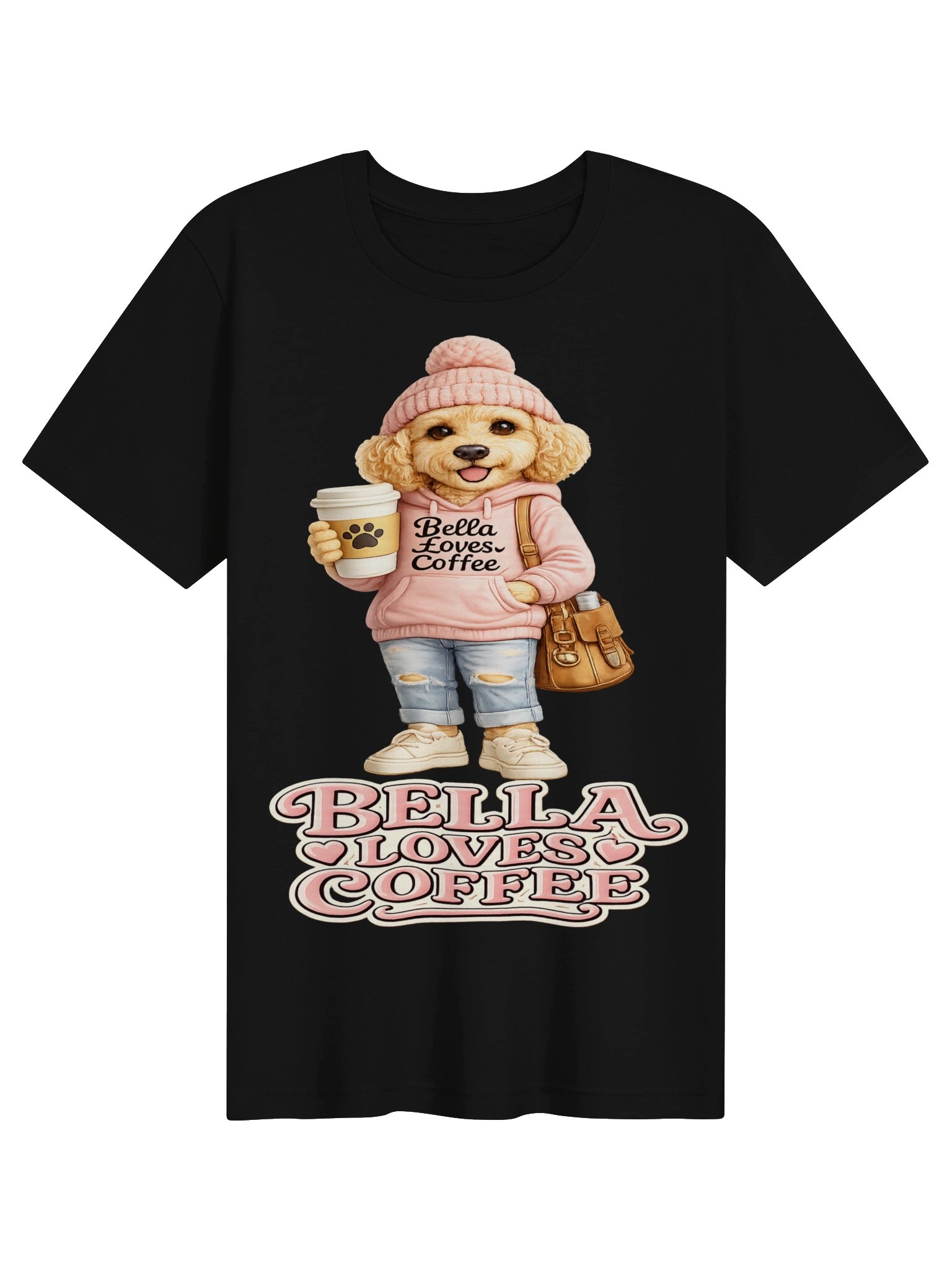 Bella Loves Coffee – Cute Doodle Dog Adult Tee product image (1)