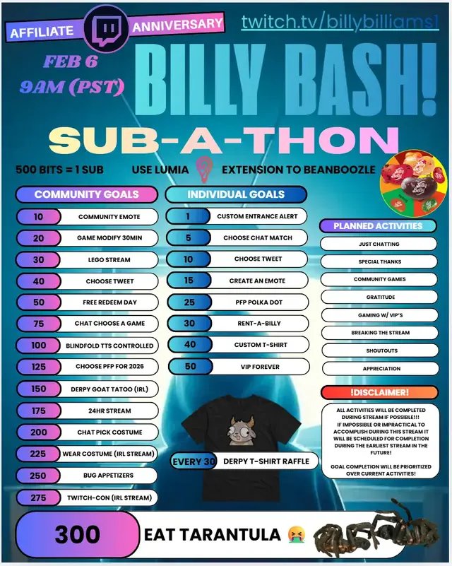 Celebrating my Twitch Affiliate Anniversary! FEB 6 at 9am PST! #twitch  #subathon #goals  #smallstreamer  #tarantula  twitch.tv/billybilliams1 @Micky Bang @Justin Danger Nunley @TomClancy 