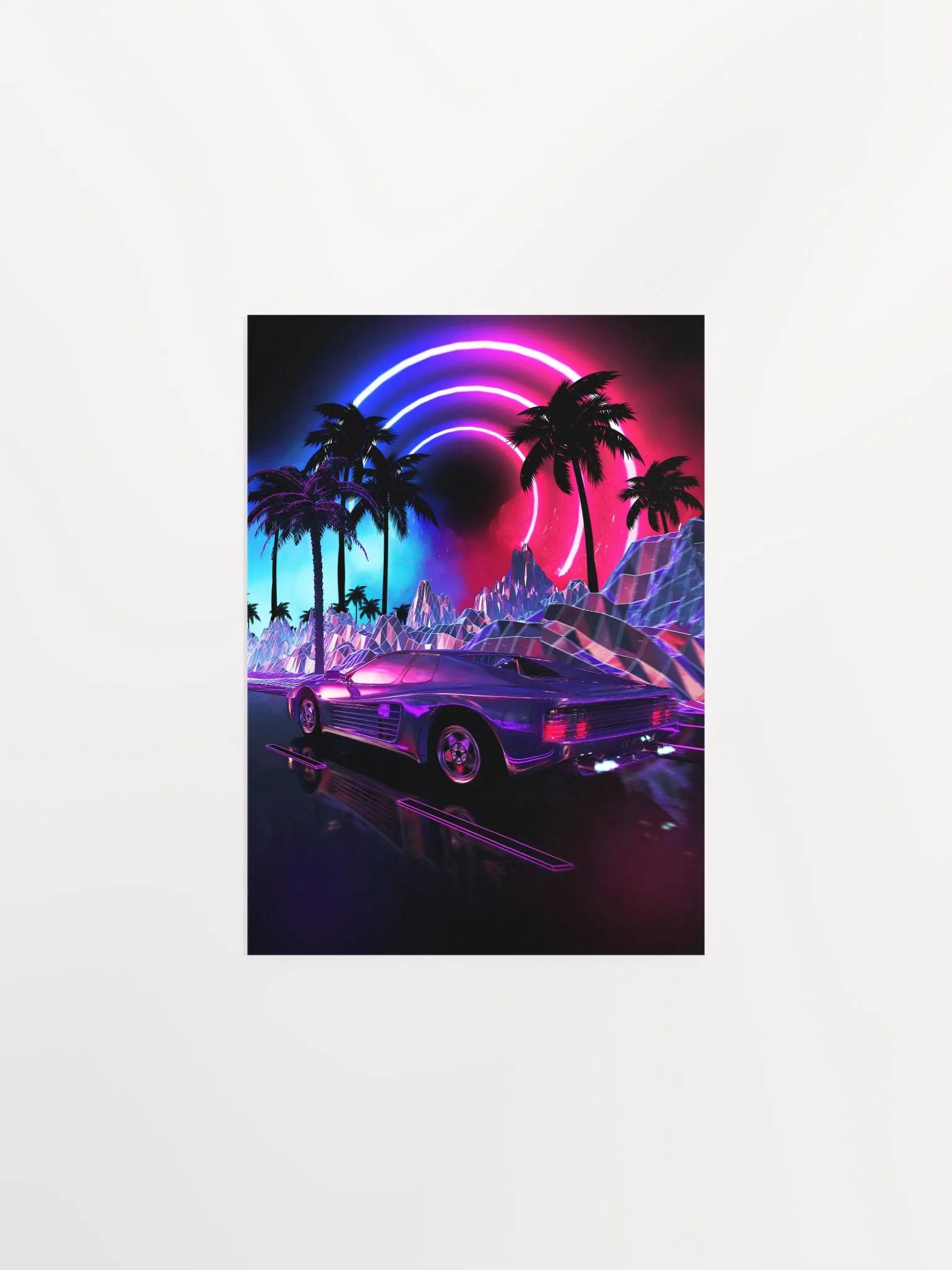 Neon landscape: Synthwave palms & car, outrun [synthwave/vaporwave/cyberpunk] — Aesthetic retrowave poster product image (6)