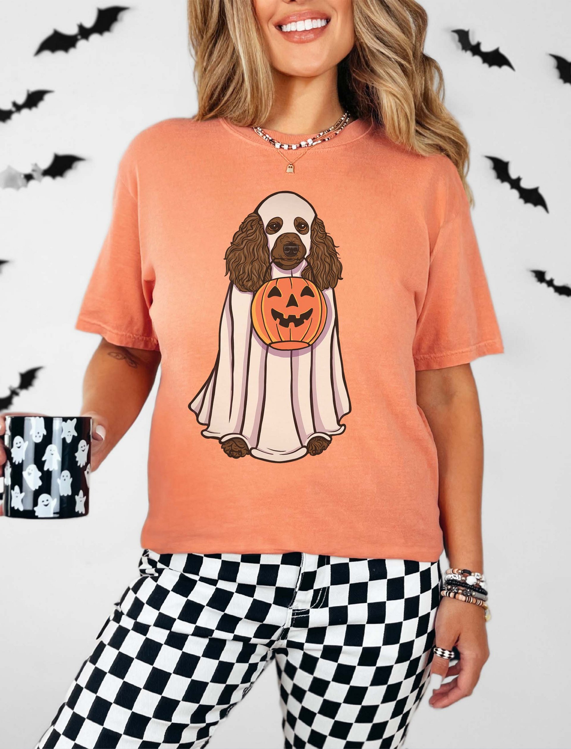 Funny Halloween Poodle(Black) T-Shirt | Funny Papillon Wearing a Ghost Costume and Holding a Pumpkin Basket product image (2)