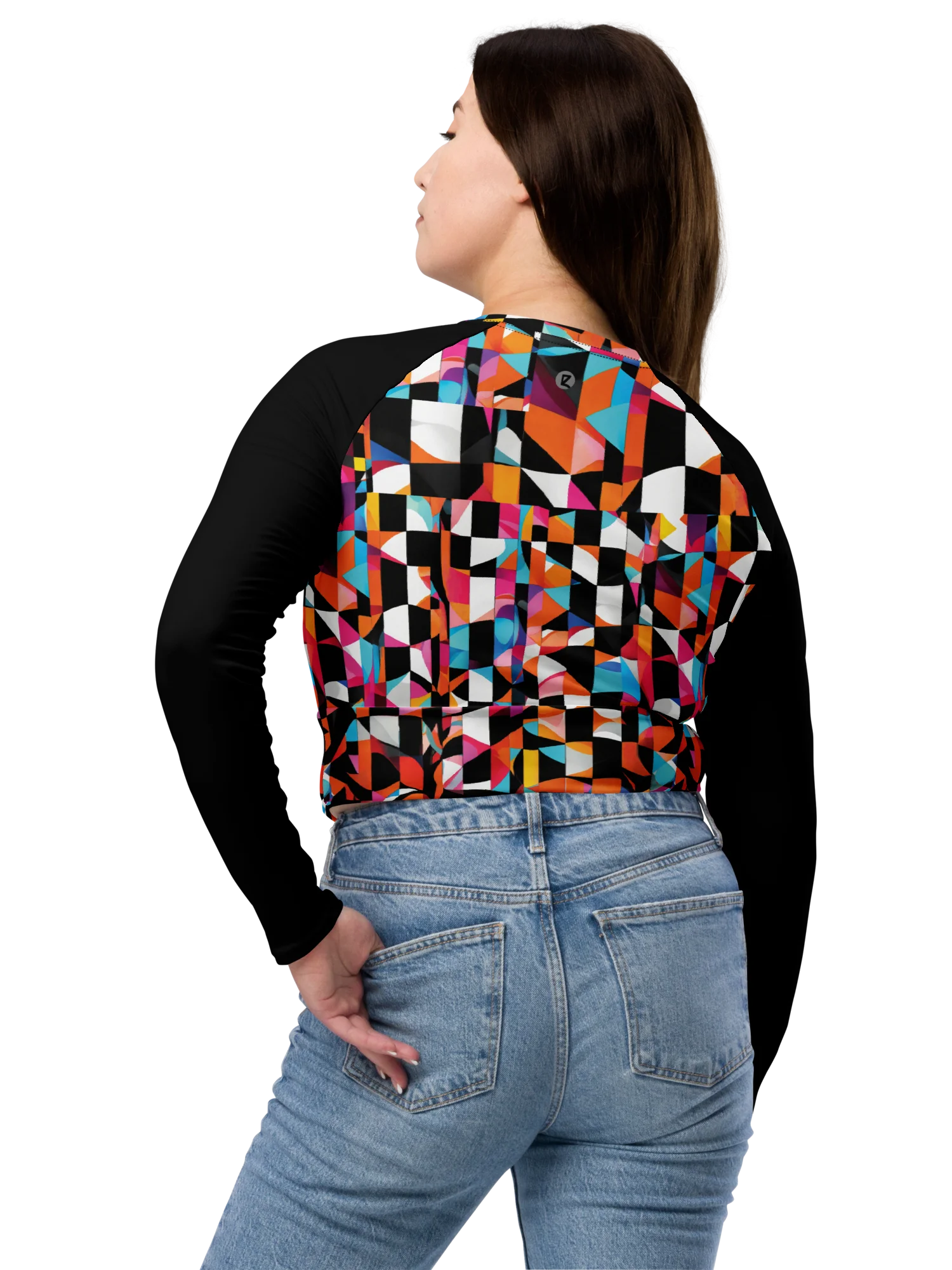 Recycled Long Sleeve Crop Top "Colorful Modern Abstract Checkered Art Printed" product image (7)