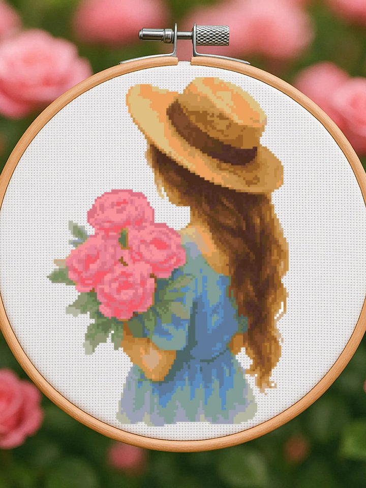 Girl With Pink Roses Cross Stitch Pattern product image (1)