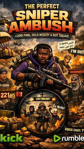 A chaotic Battlefield moment where everything goes wrong: lag spikes at +200 ping, solo random quads full of strangers who ra...