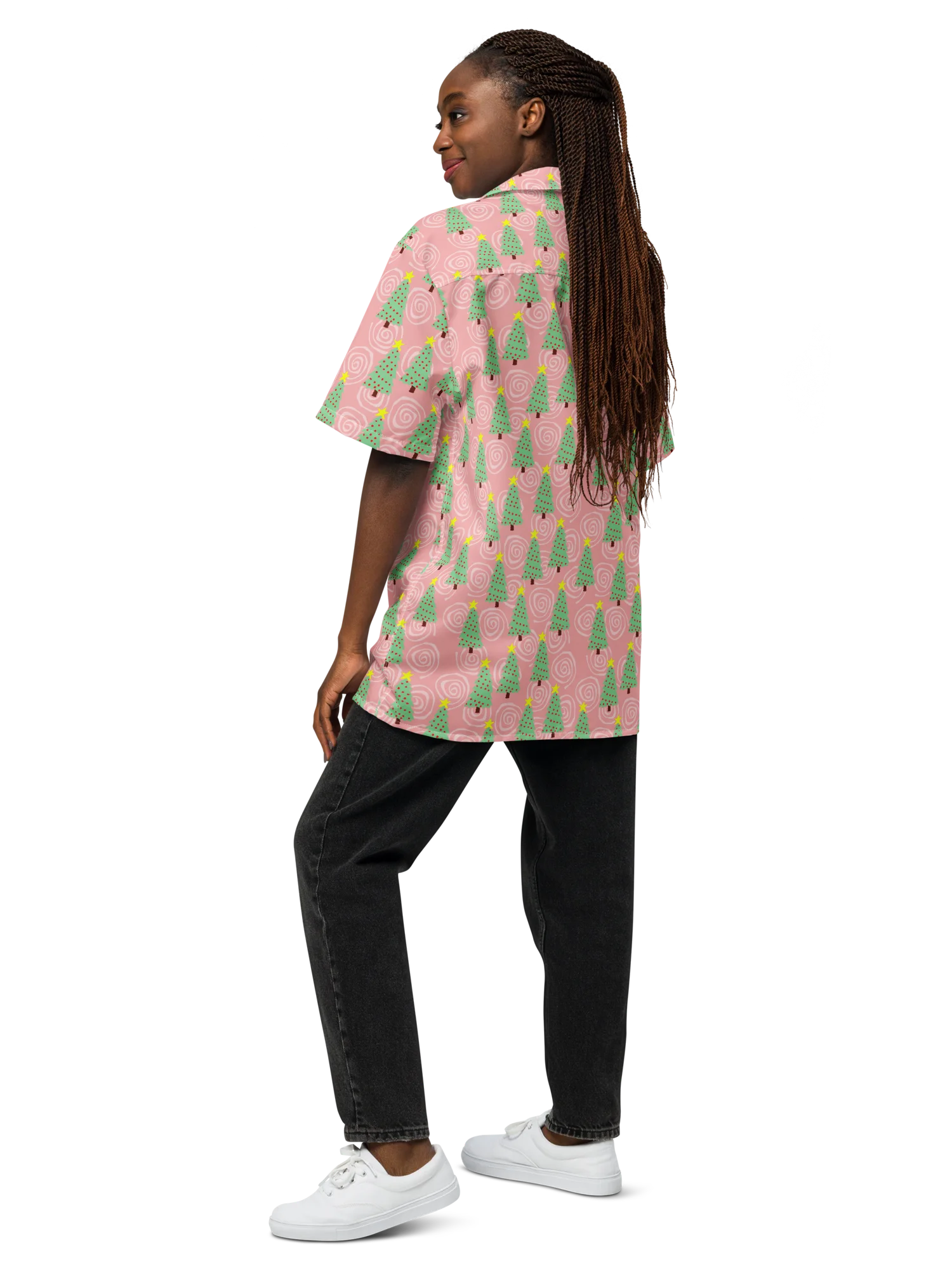 Mint Green Christmas Trees on Pink Oversized Button Down Shirt product image (8)