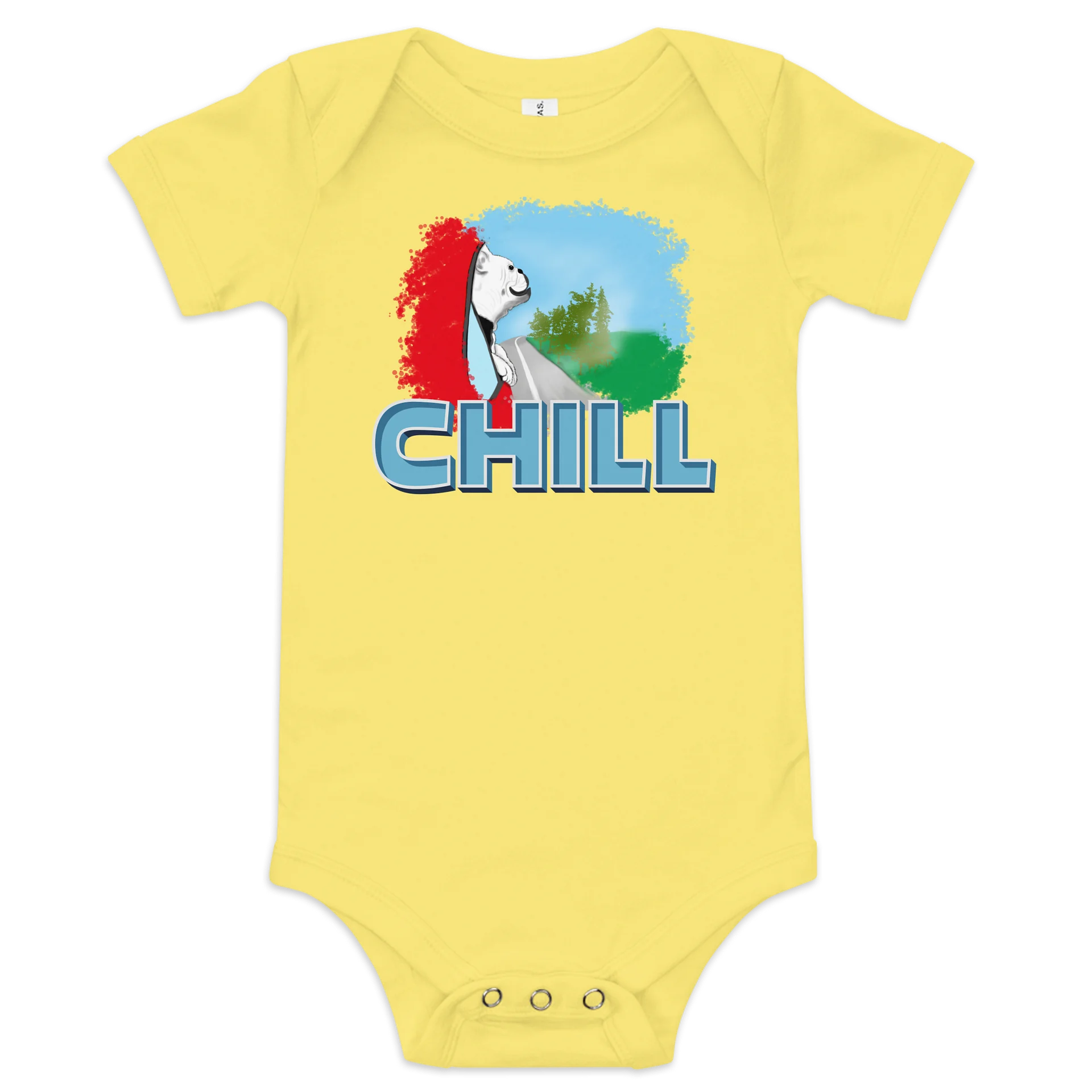 "CHILL" Dog (looking out car window), Baby Short Sleeve One Piece - Bella+Canvas product image (1)