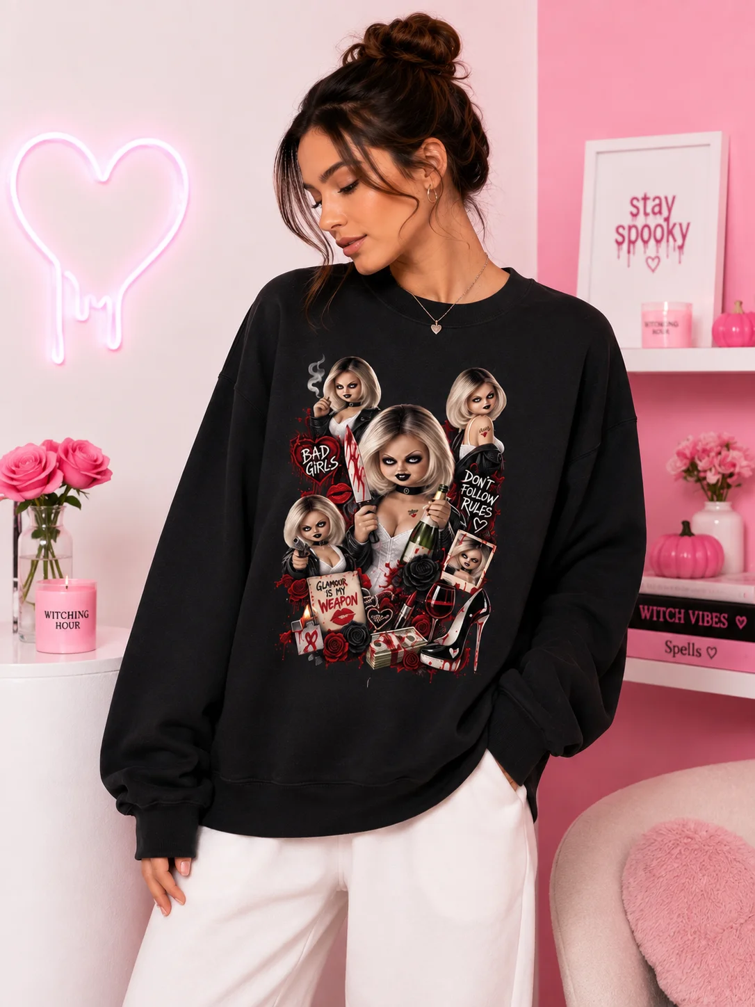 Horror Sweatshirt | Girly Doll Halloween Graphic Crewneck product image (1)