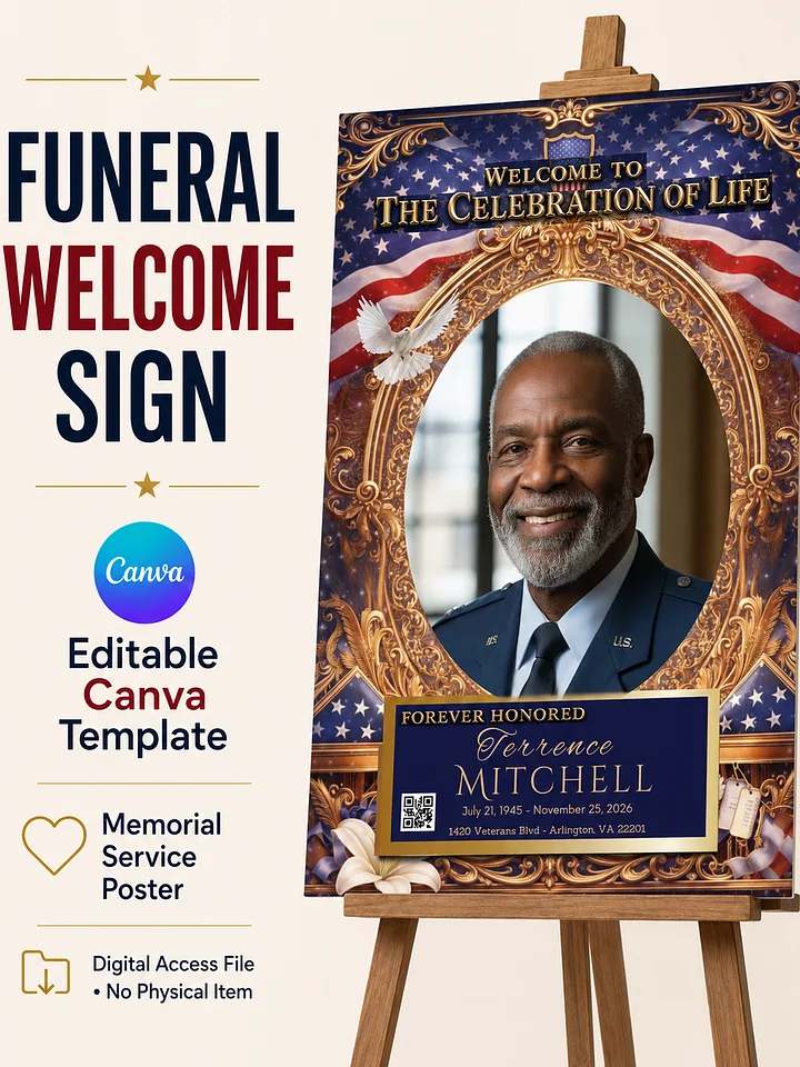 Funeral Welcome Sign Editable Canva Template, Memorial Service Poster, Celebration of Life Sign, Patriotic Blue product image (1)