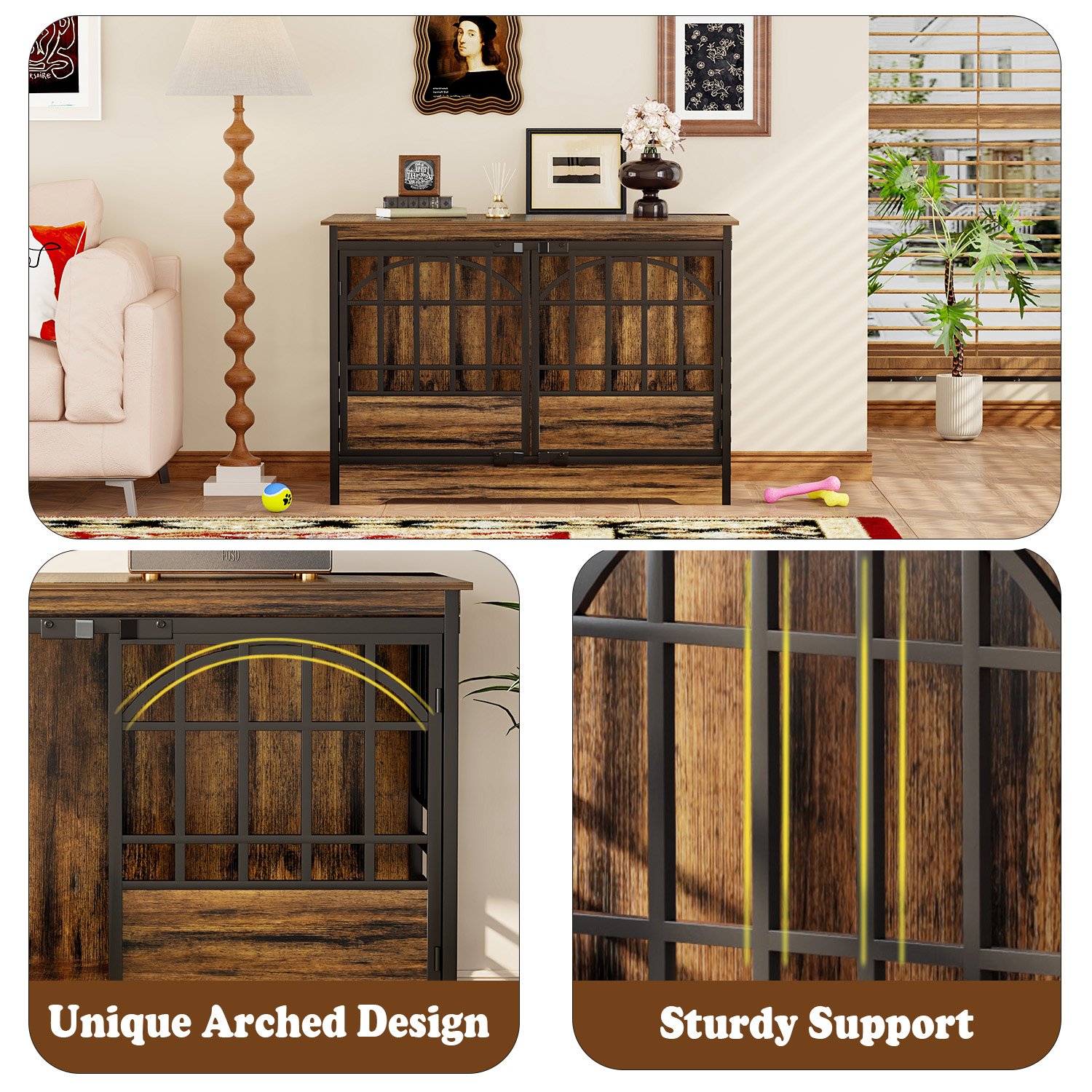 52 inch Dog Crate Furniture, XL Indoor Dog Kennel for Extra Large Breeds, Heavy Duty Wooden Dog Cage with Double Arched Doors, TV Stand & End Table, Retro Brown product image (9)