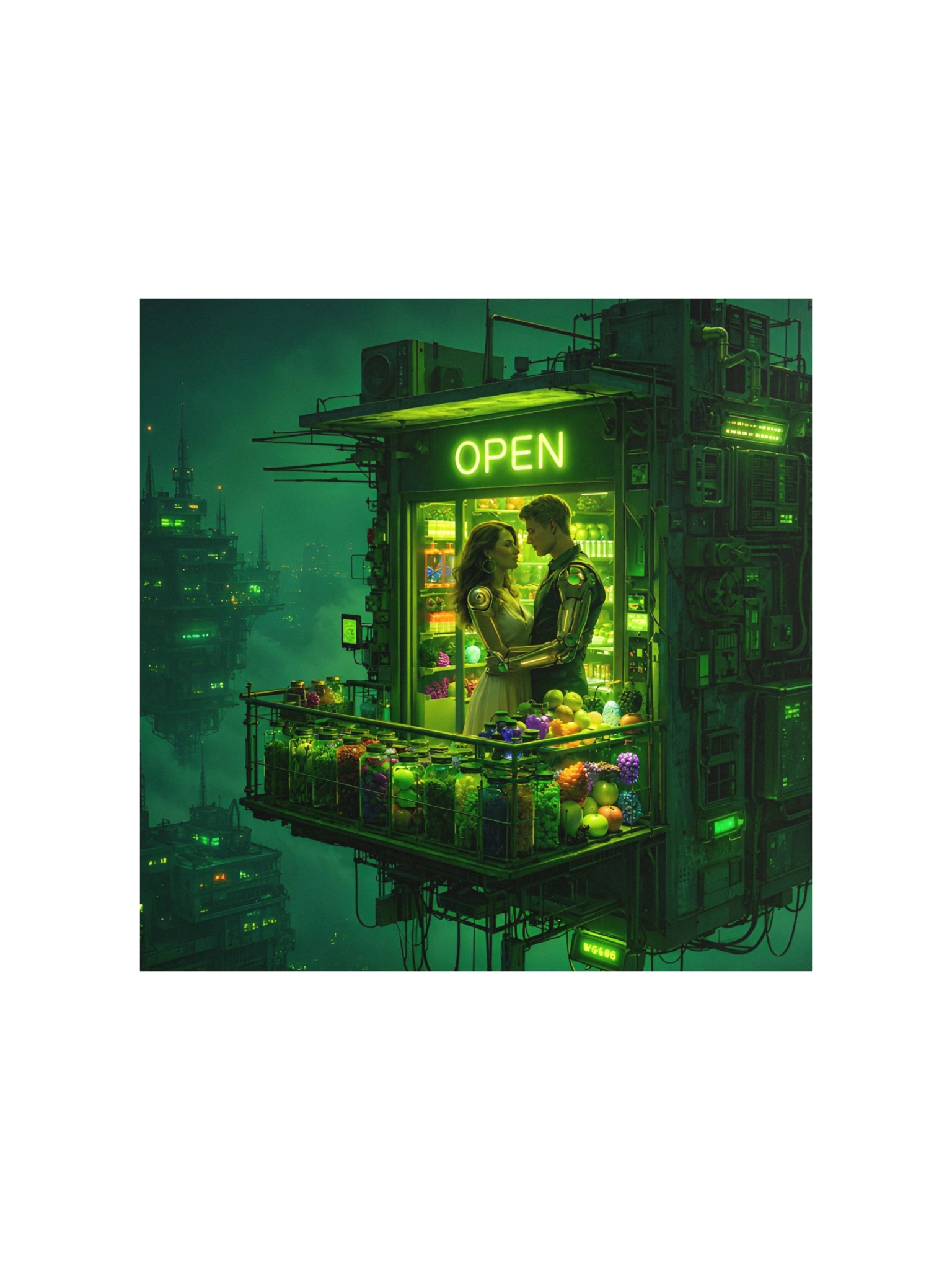 Cyberpunk Romance Wall Art | Neon Green Floating Store Poster | Sci Fi Couple Decor product image (2)