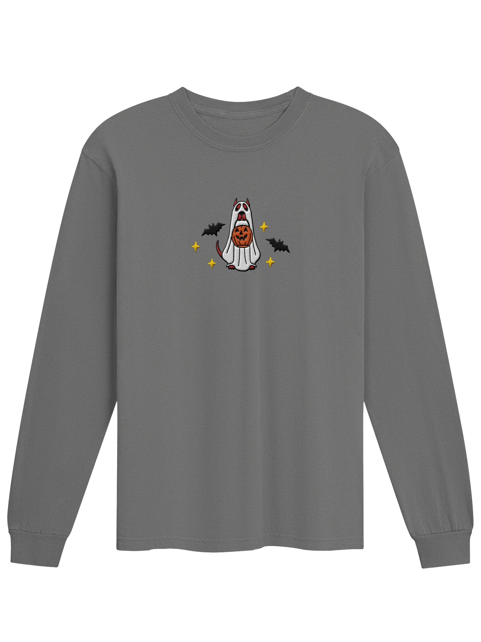 Halloween Pit Bull/ Staffordshire Terrier(Red, Cropped Ears) Embroidered Long-Sleeve T-Shirt product image (9)
