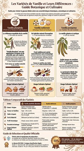 Vanilla planifolia, Vanilla tahitensis, Vanilla pompona : trois variétés cultivées commercialement, chacune offrant un profil...
