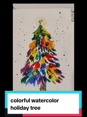 Super fun and colorful holiday Christmas tree! make it in whatever colors you like (I used a whole bunch of colors)! Easy diy holiday greeting card or gift tag, or a fun project.  #beginnerfriendly #christmascard #watercolorart #greetingcard #diy #easychristmascard #easygifttags #holidaycard 