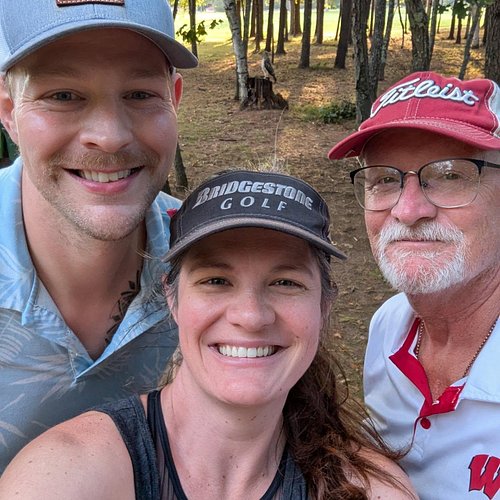 Beautiful evening to golf! Also, we met the hawk Eddie that frequents the course! You'll see in the second photo he was tryin...