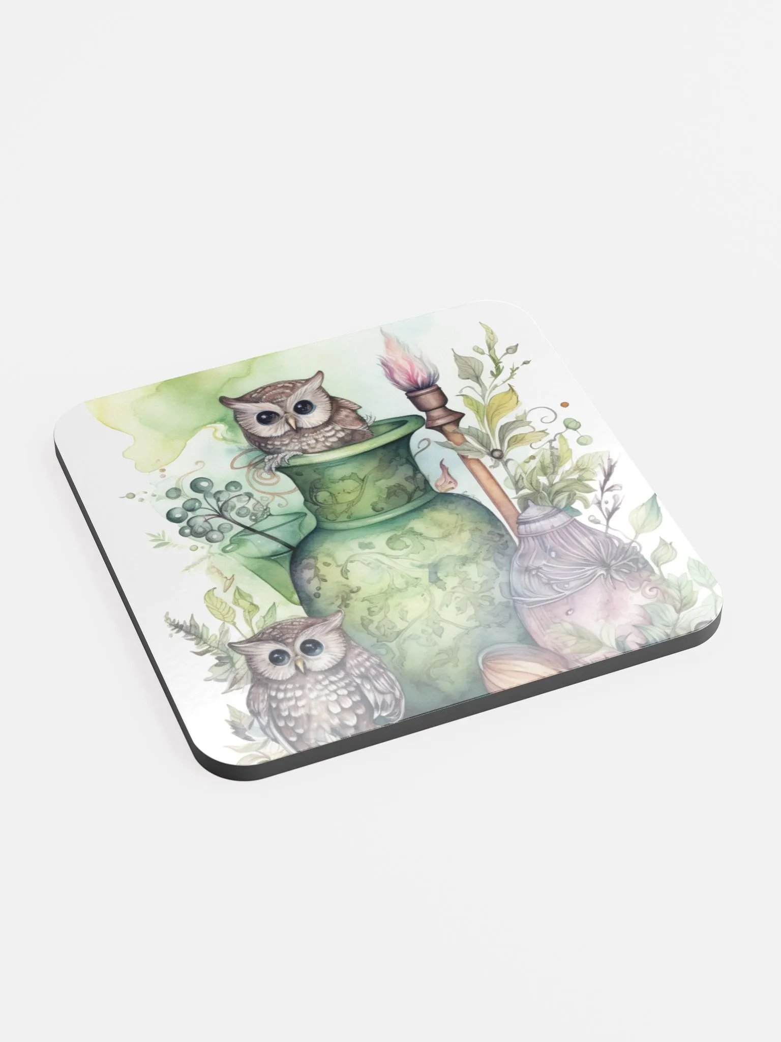 Glossed Cork Coaster 🦉 Peaceful Green Theme - Owls Vibes - Motif 2 product image (2)