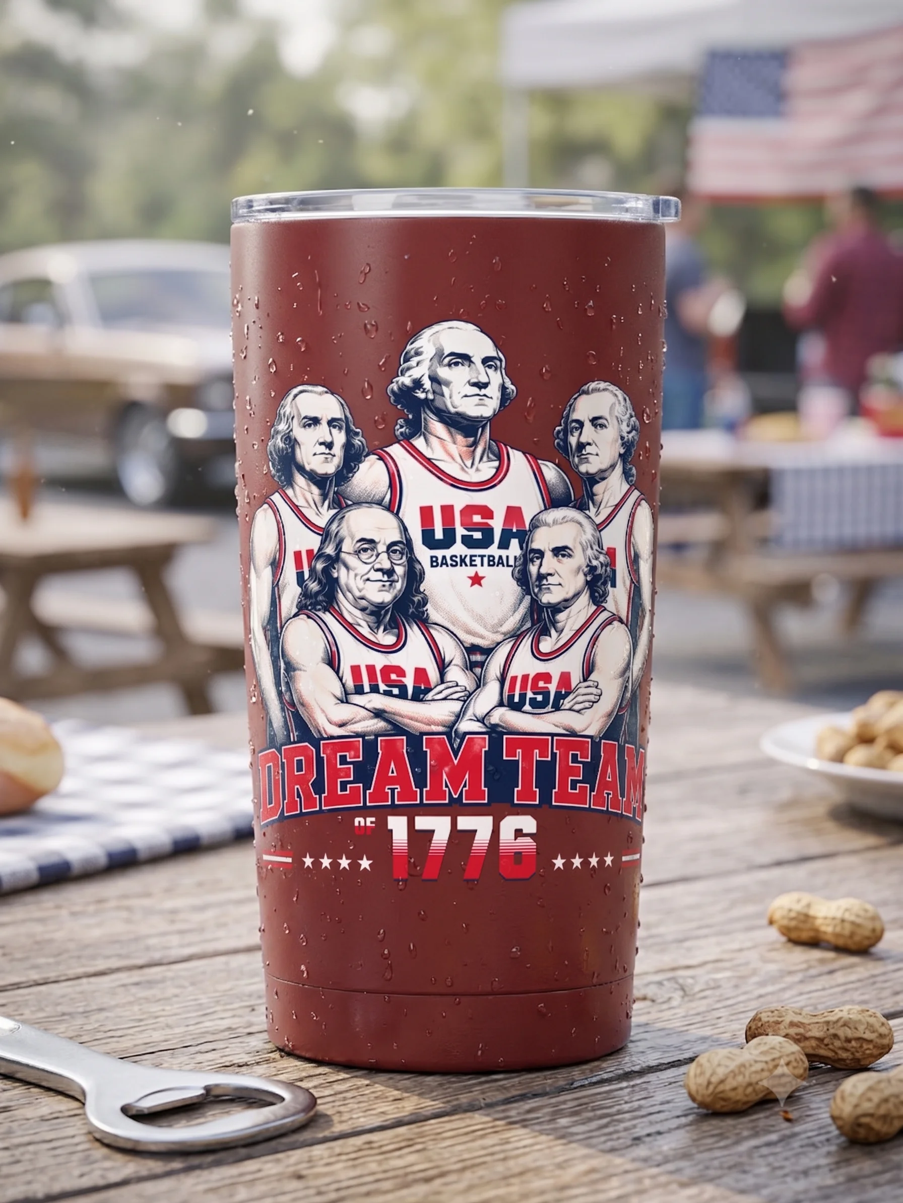 20oz Stainless Steel Tumbler with Lid - USA Dream Team of 1776 Founding Fathers Basketball, Funny Patriotic Insulated Travel Cup by BoldPixel product image (2)
