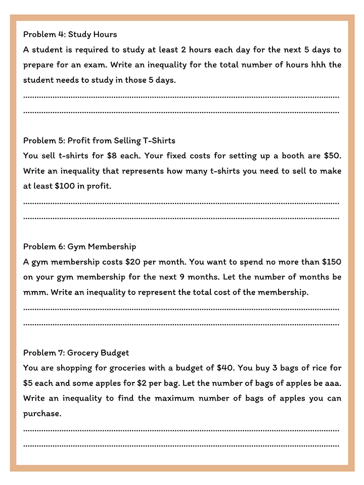 Inequality Word Problems Worksheet with Answer Key product image (2)