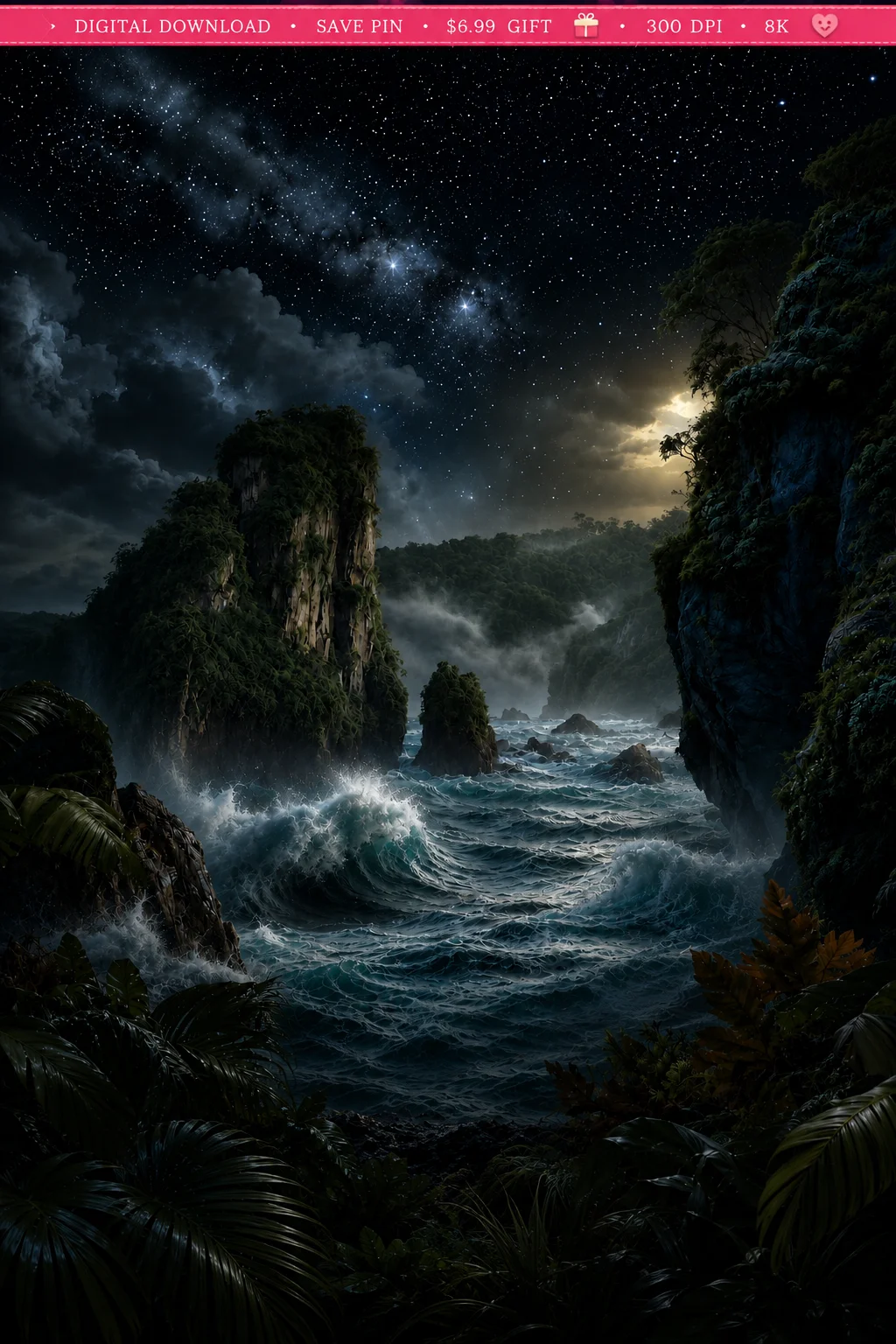 Tropical Night Ocean Wall Art, Mystical Sea Cliff Digital Download, 8K Fantasy Coastal Decor JPEG product image (1)