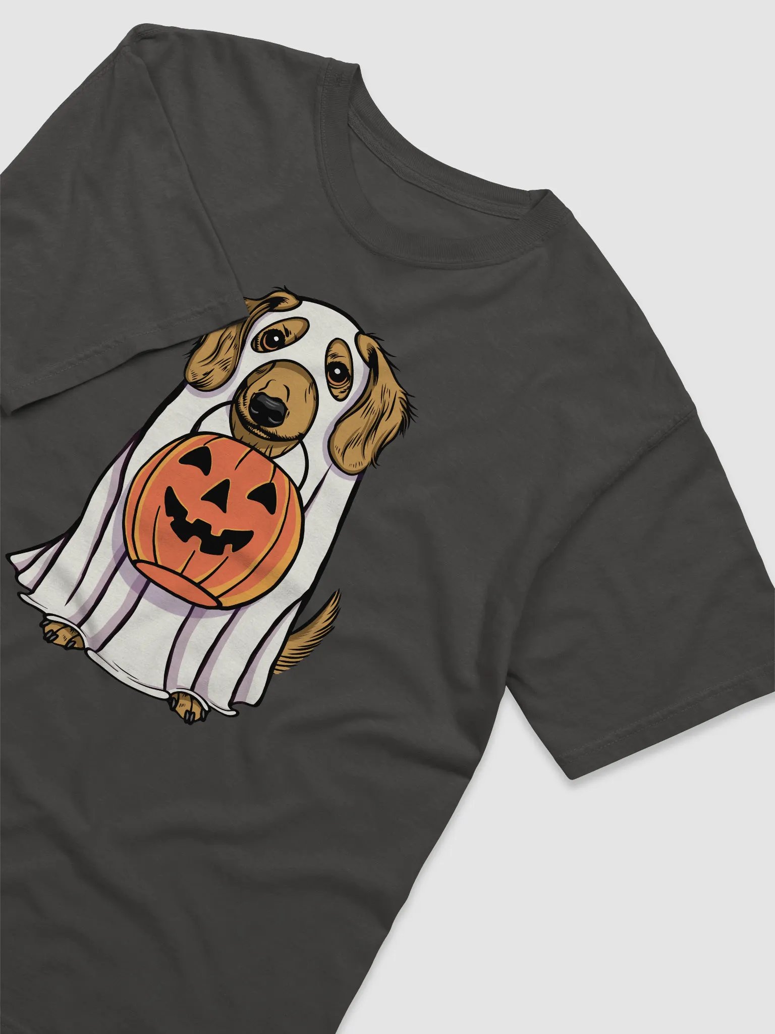 Funny Halloween Longhaired Dachshund(Fawn) T-Shirt | Funny Doxie/Wiener Wearing a Ghost Costume and Holding a Pumpkin Basket product image (6)