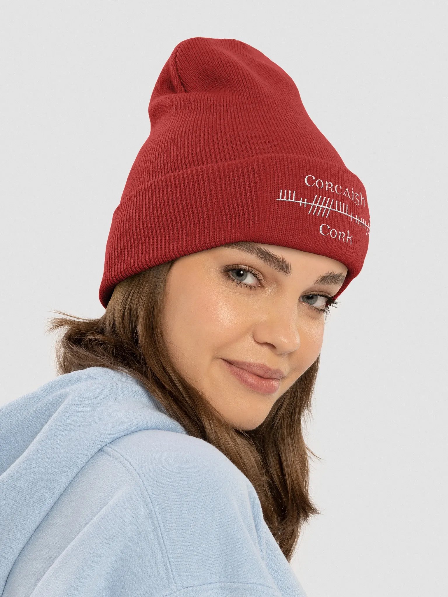 Cork/Corcaigh Orthodox Style Ogham, Red with white, embroidered Cuffed Beanie product image (4)