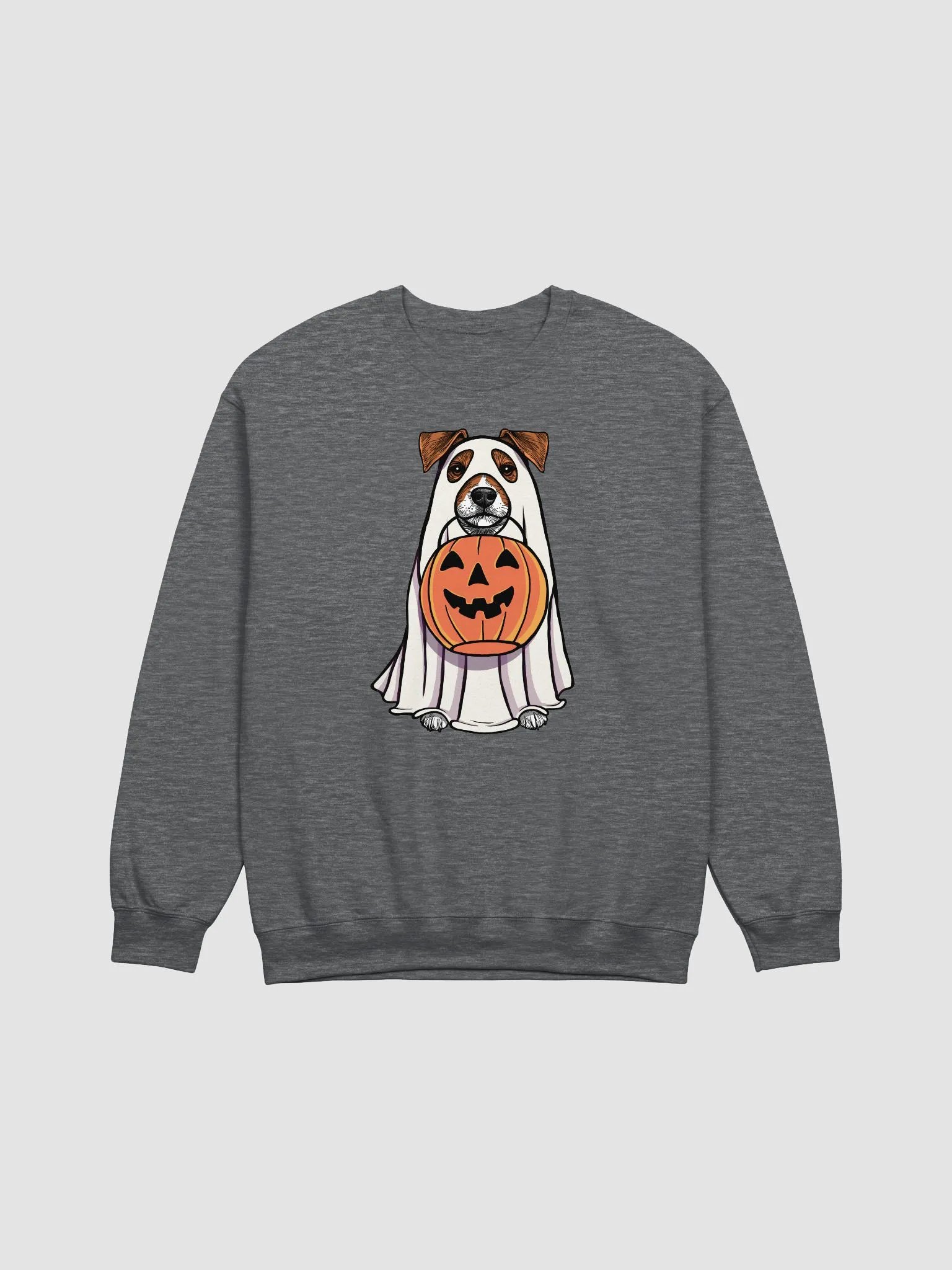 Funny Halloween Jack Russell Terrier Sweatshirt | Funny JRT Wearing a Ghost Costume and Holding a Pumpkin Basket product image (1)
