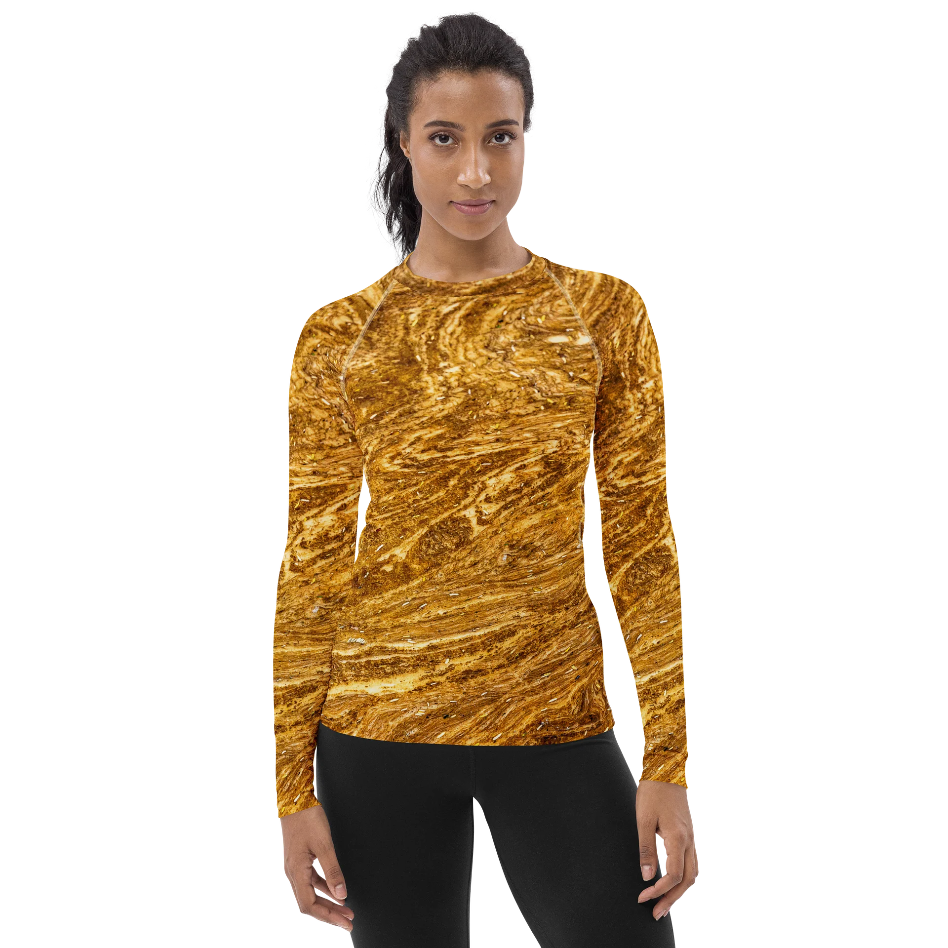 Golden Strata: Earthy Swirl Marble Pattern Women’s Rashguard | Full Print Golden Ochre Long Sleeve Swimsuit | Tiger Eye Boho Beach Top product image (1)